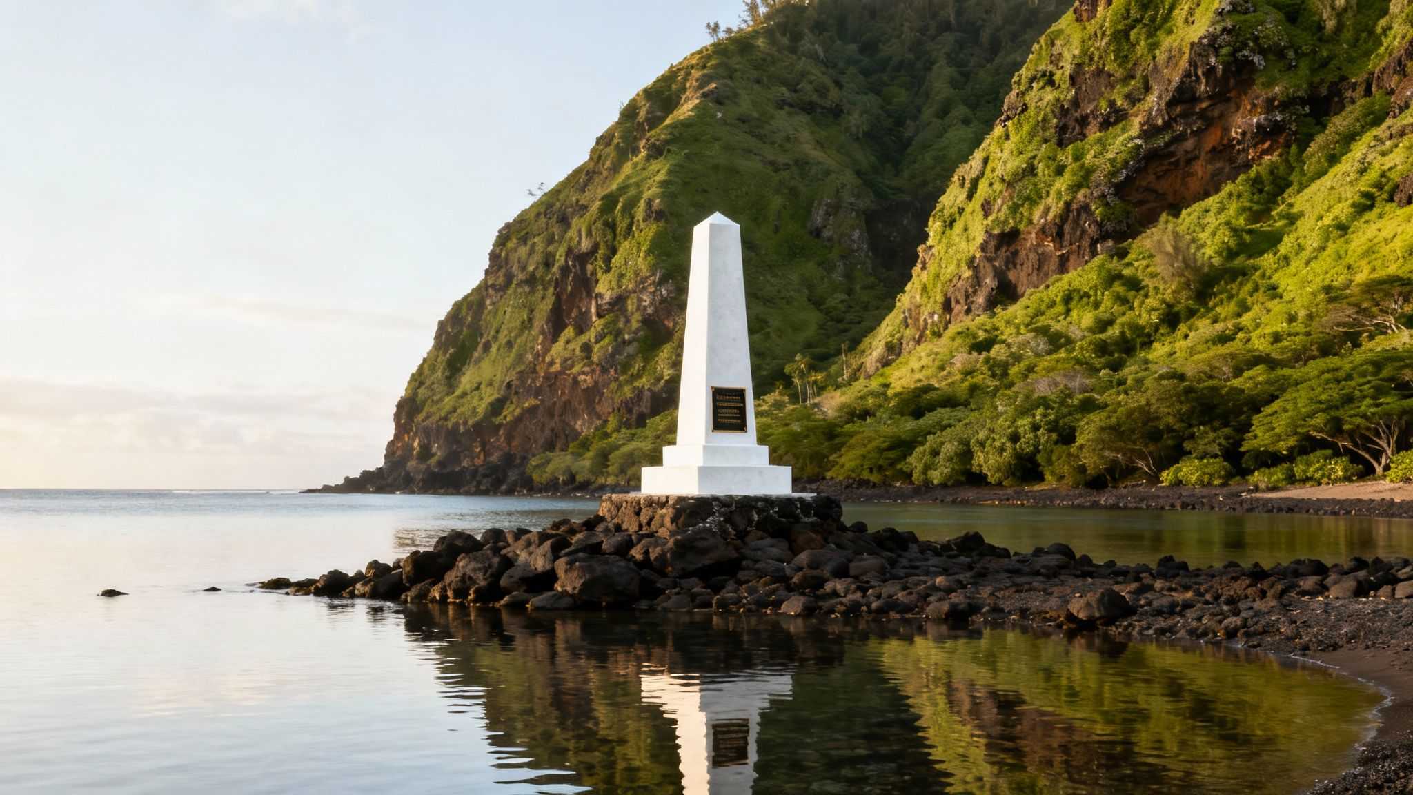 The iconic white Captain Cook Monument stands against the lush green cliffs of Kealakekua Bay.