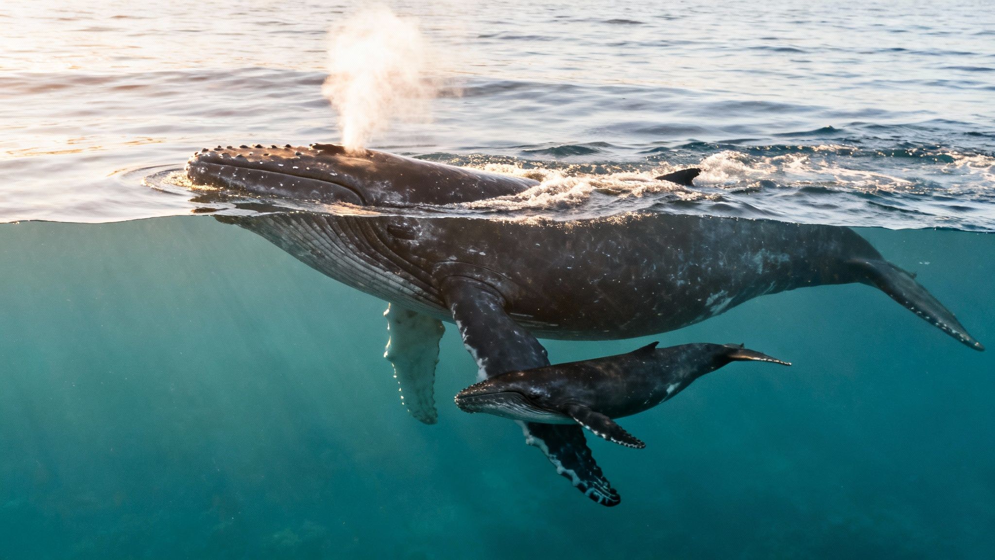 A mother humpback whale spouts water above surface, swimming with her calf underwater.