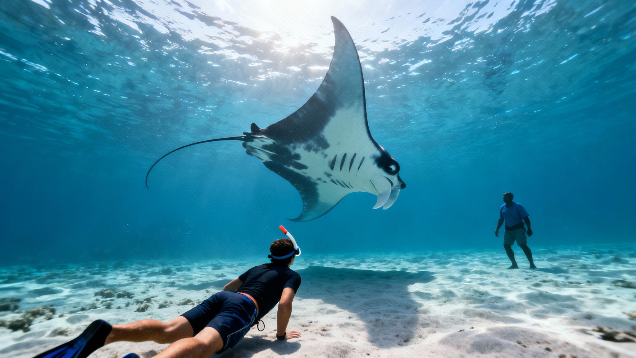 Underwater view of a snorkeler watching a large manta ray swim above a sandy seabed.
