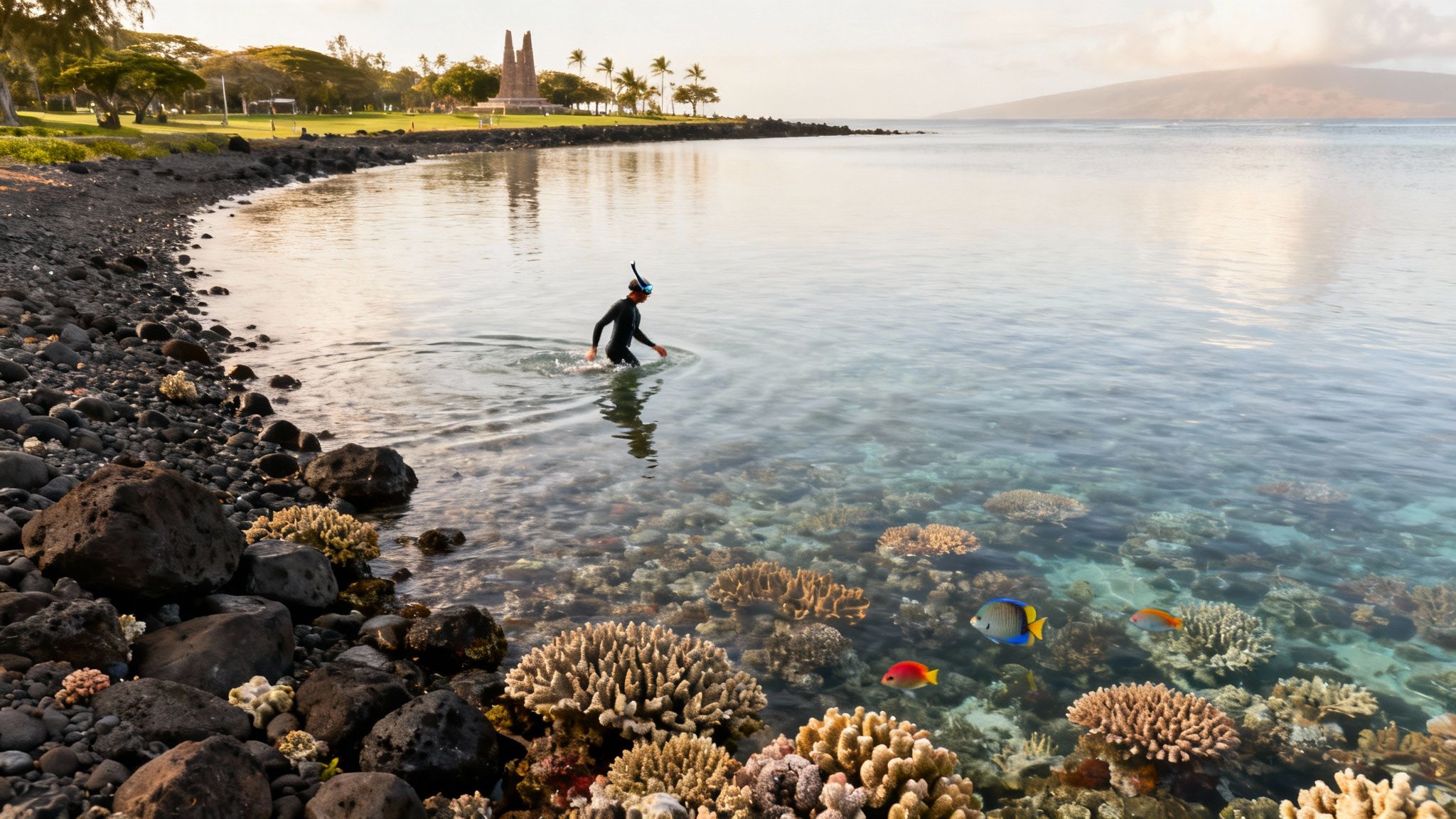 A person in a wetsuit and snorkel gear wades into clear ocean water with vibrant coral reefs and fish.