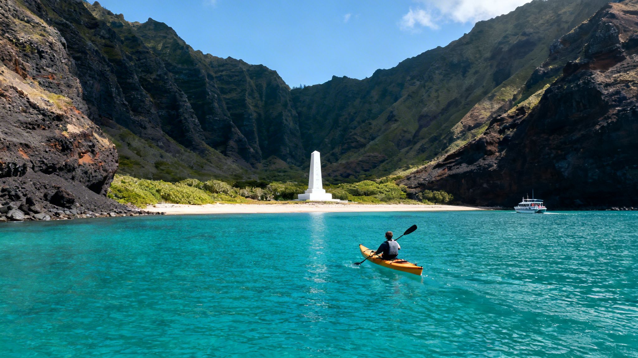Person kayaking on turquoise water towards a white monument on a tropical beach surrounded by mountains.