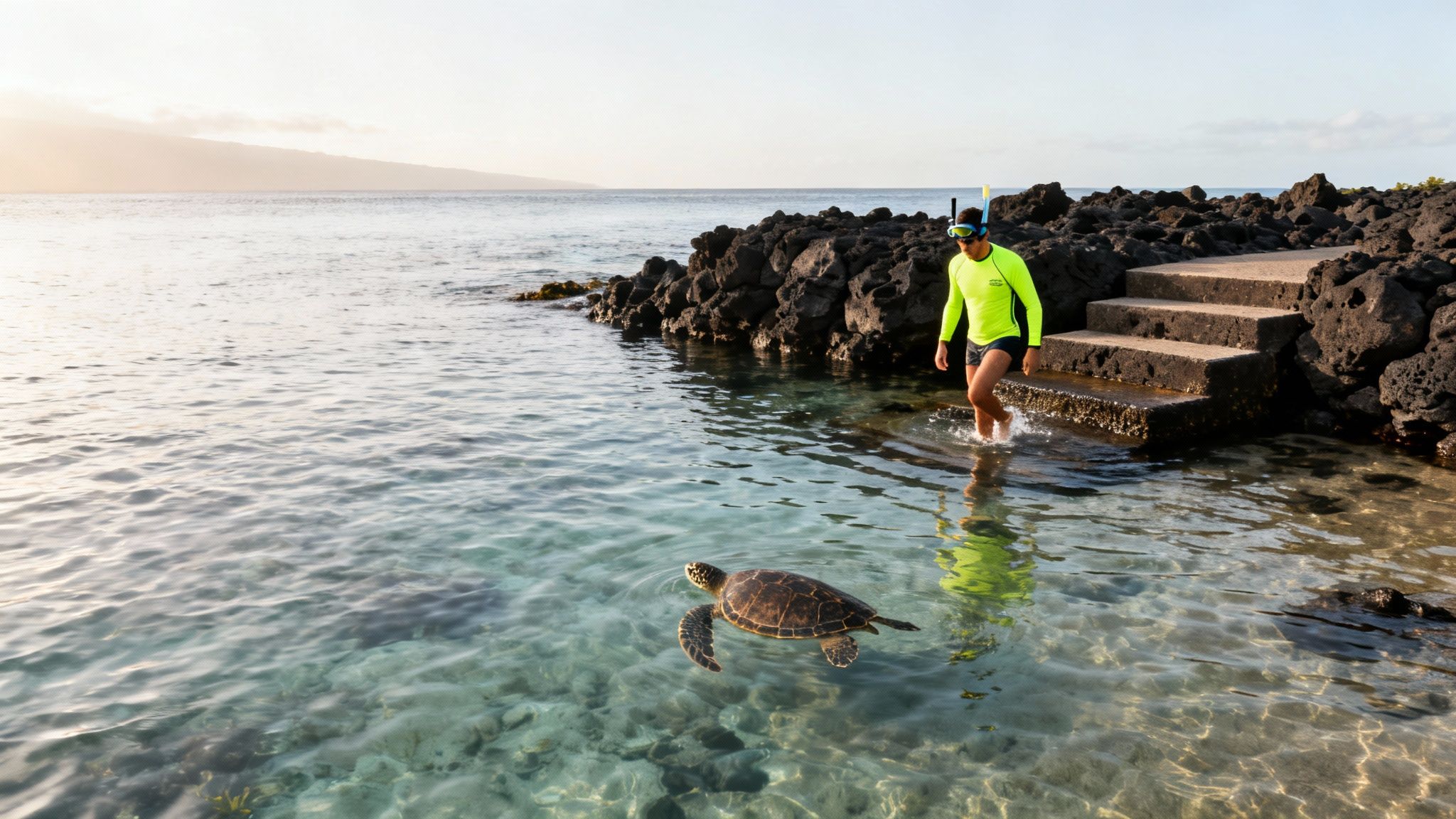 A person in snorkeling gear exits clear ocean water while a sea turtle swims nearby a rocky shore.