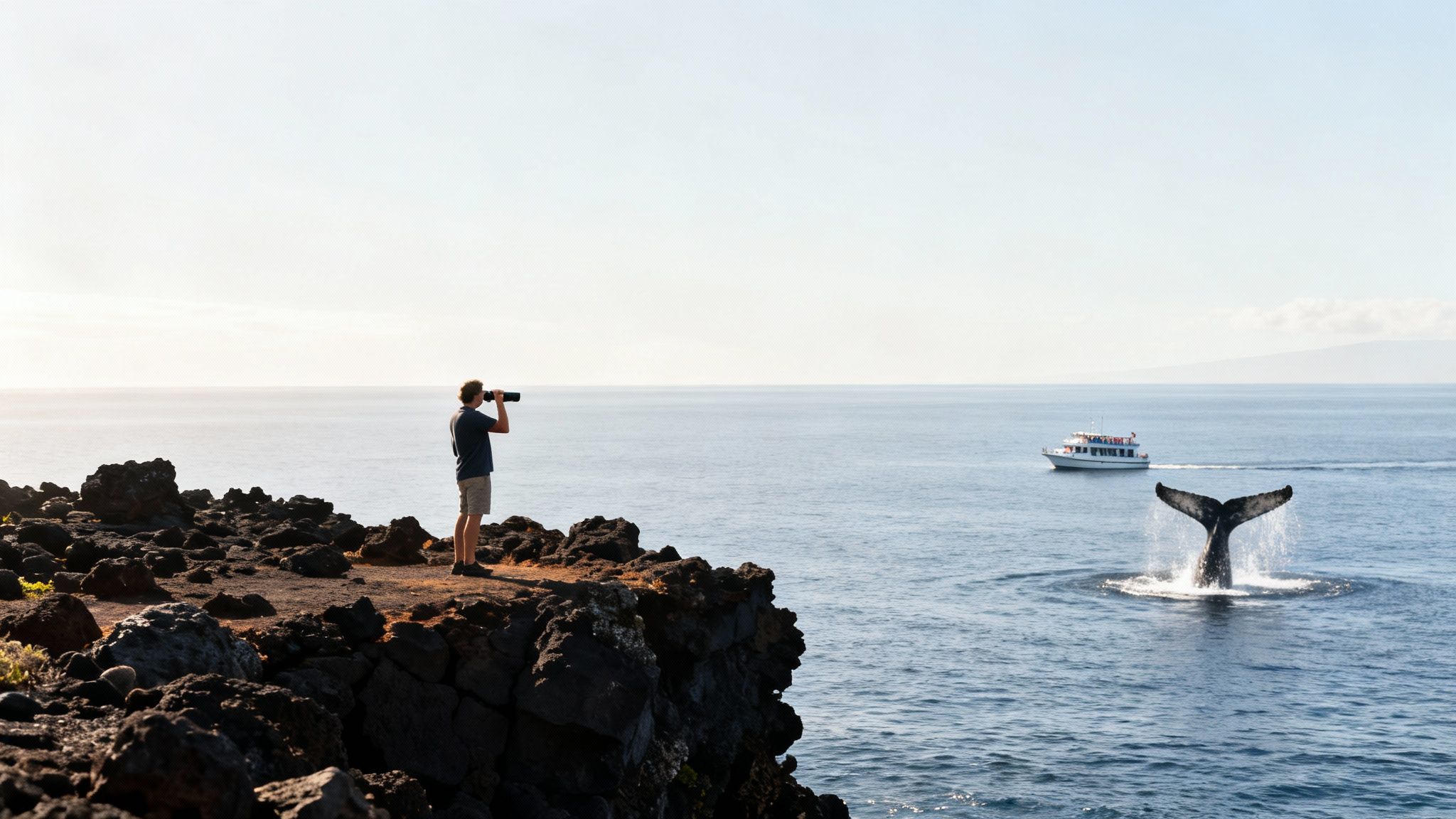 A man on a rocky cliff watches a whale's tail splashing in the ocean through binoculars, with a boat nearby.