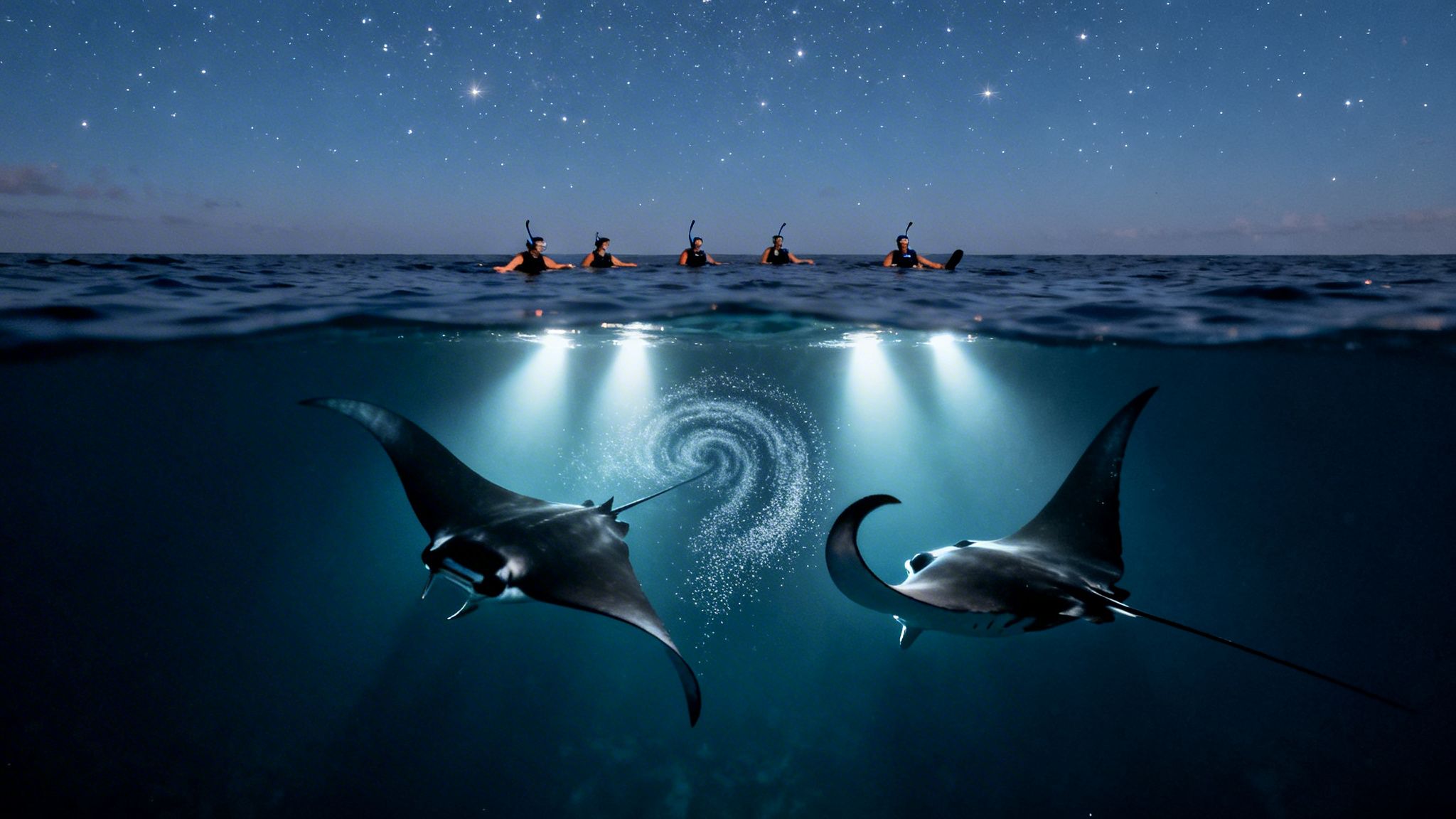 Snorkelers watch two majestic manta rays swimming under a starry night sky, illuminated by lights.