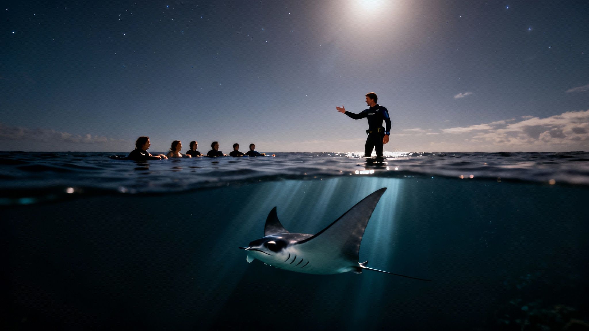 A split image shows people snorkeling at night under a starry sky while a manta ray swims below.