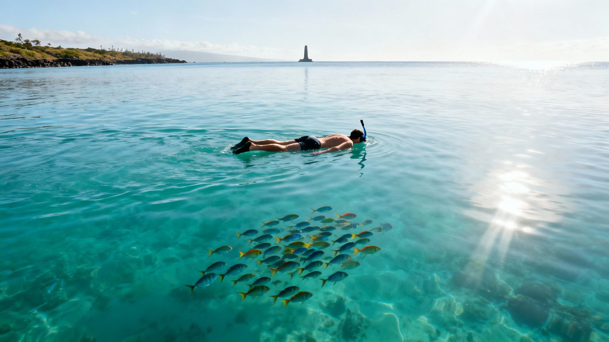 Vibrant yellow tang fish swimming over a healthy coral reef in Kealakekua Bay