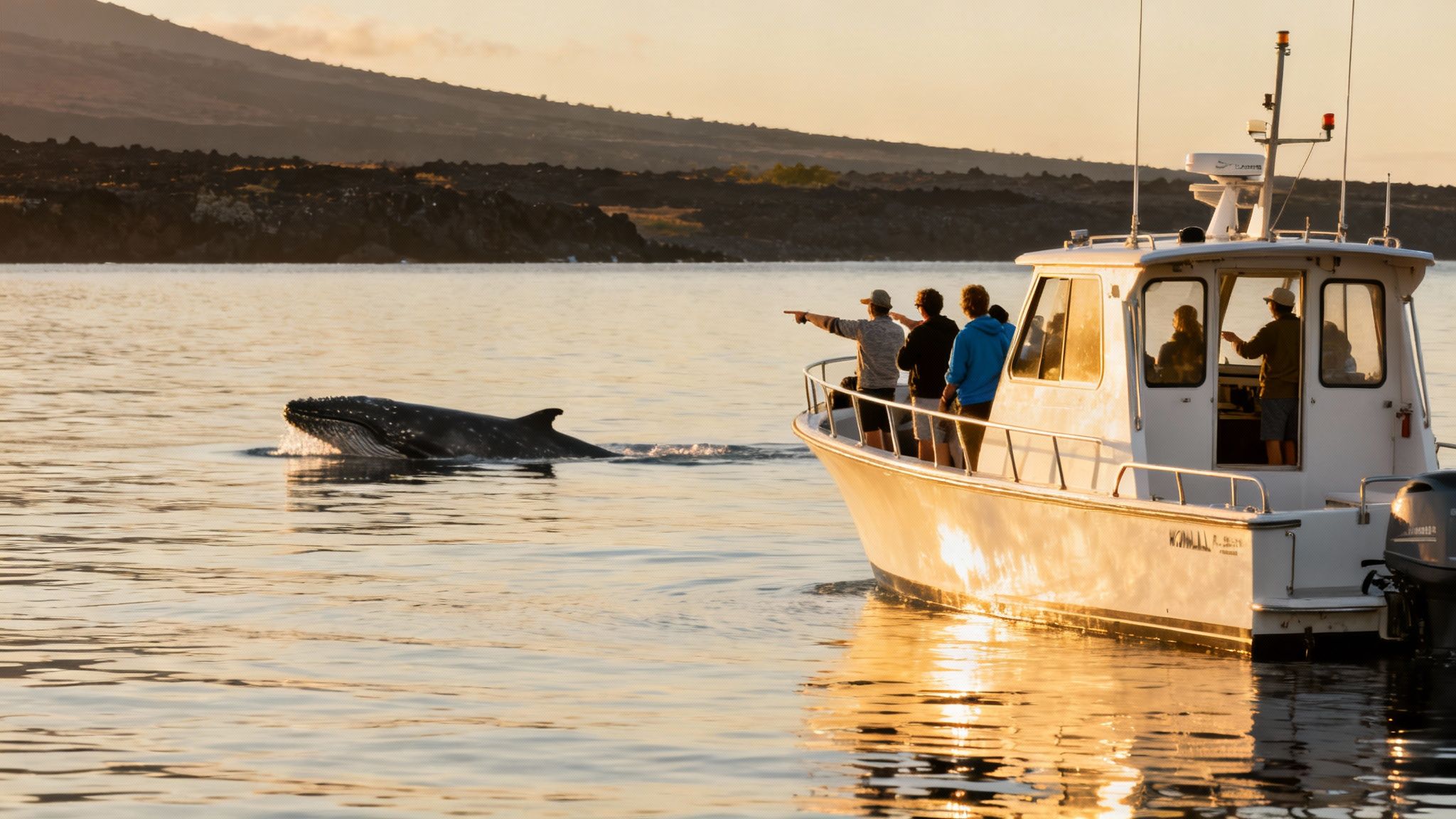 Tourists on a boat at sunset pointing at a surfacing whale near a rocky coast.
