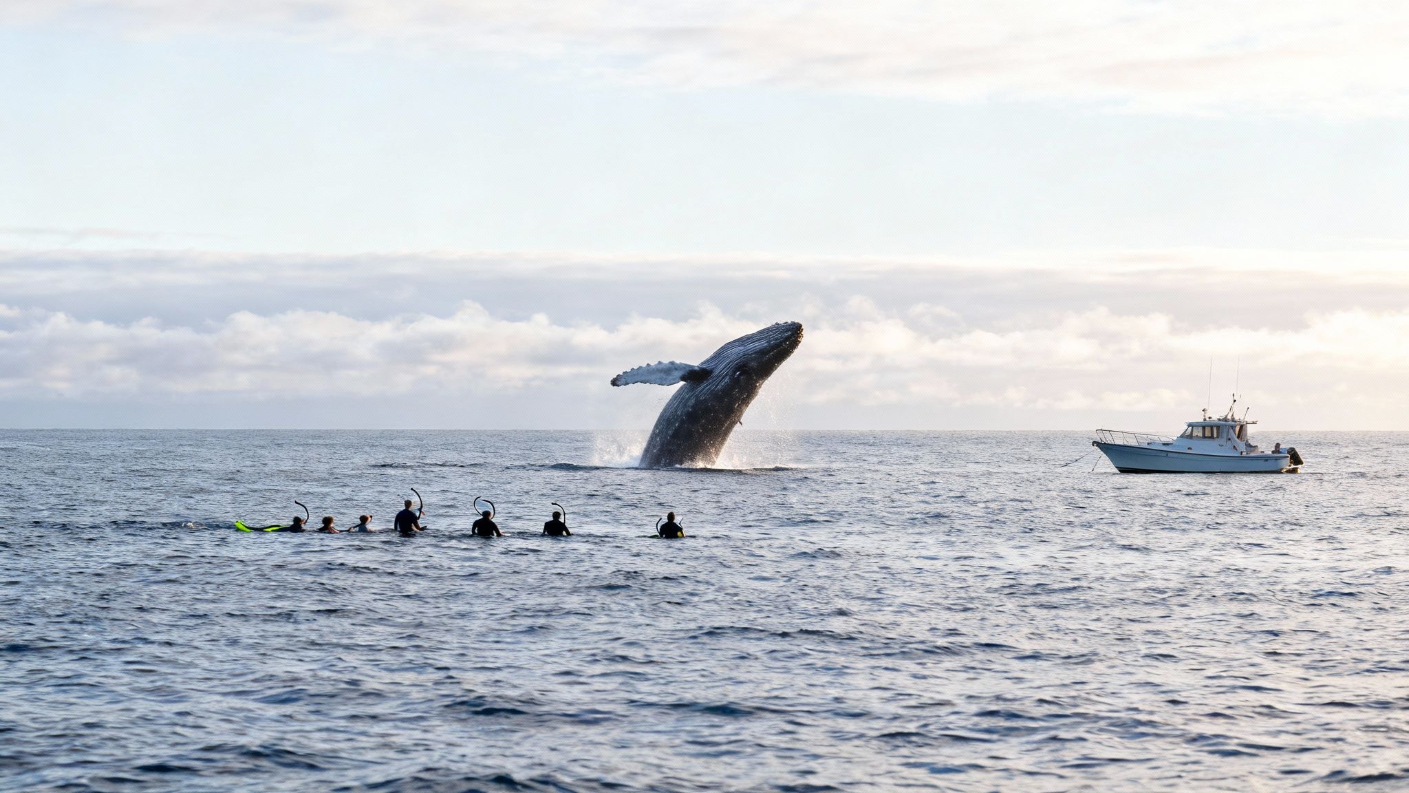 Majestic humpback whale breaching out of the ocean, observed by snorkelers and a boat.