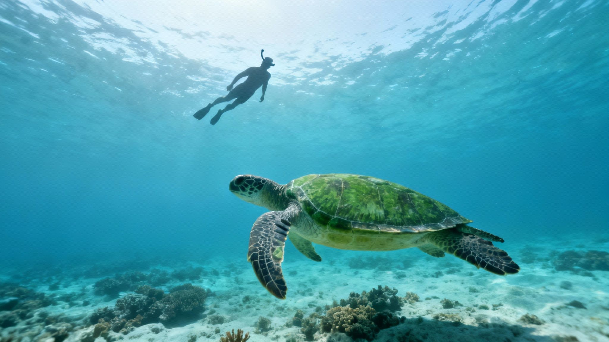 Snorkeler swimming above green sea turtle gliding over coral reef in clear blue ocean water