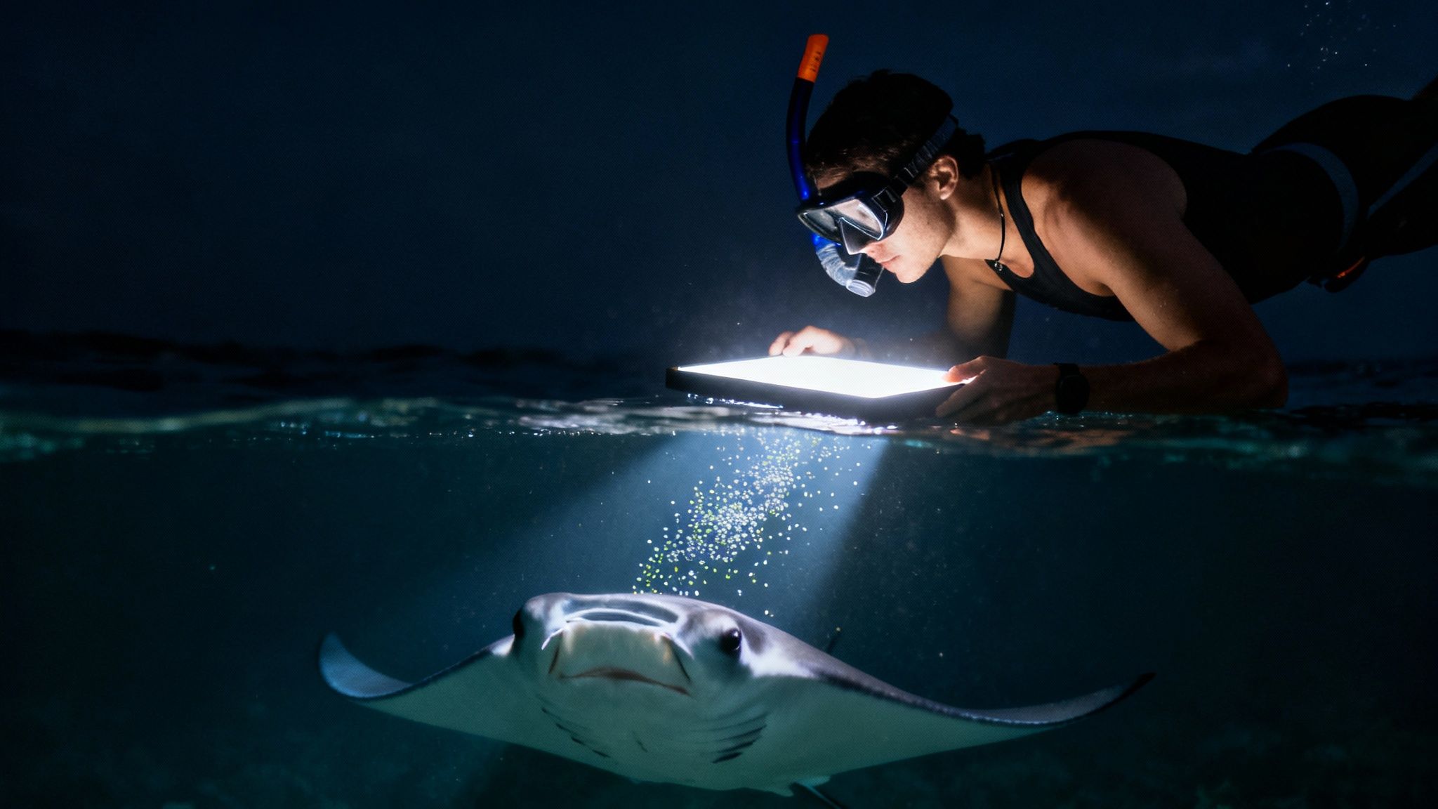 A diver in snorkel gear illuminates a manta ray at night with an underwater light panel.