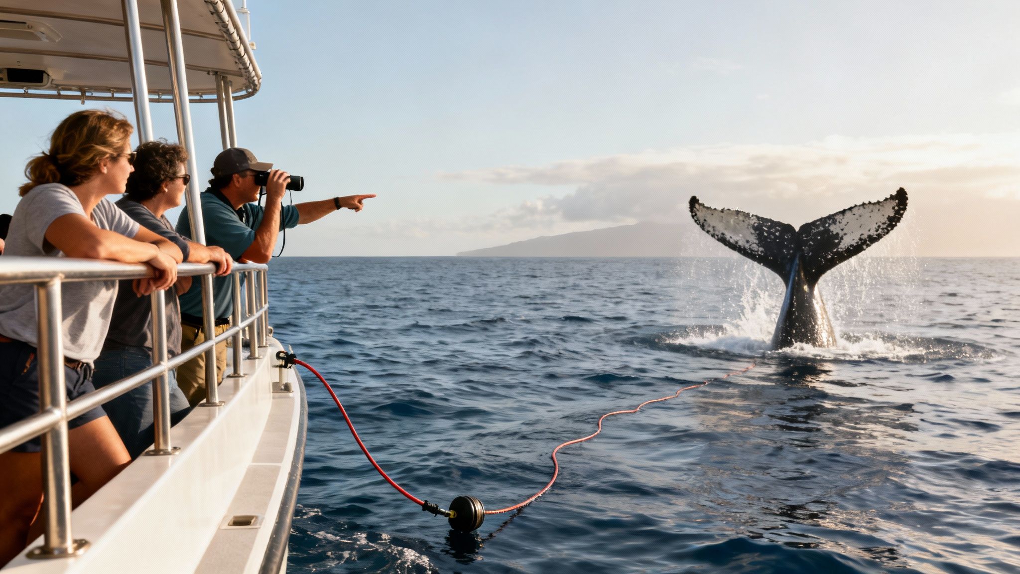 People on a boat watch a majestic whale's tail dive into the ocean, splashing water.