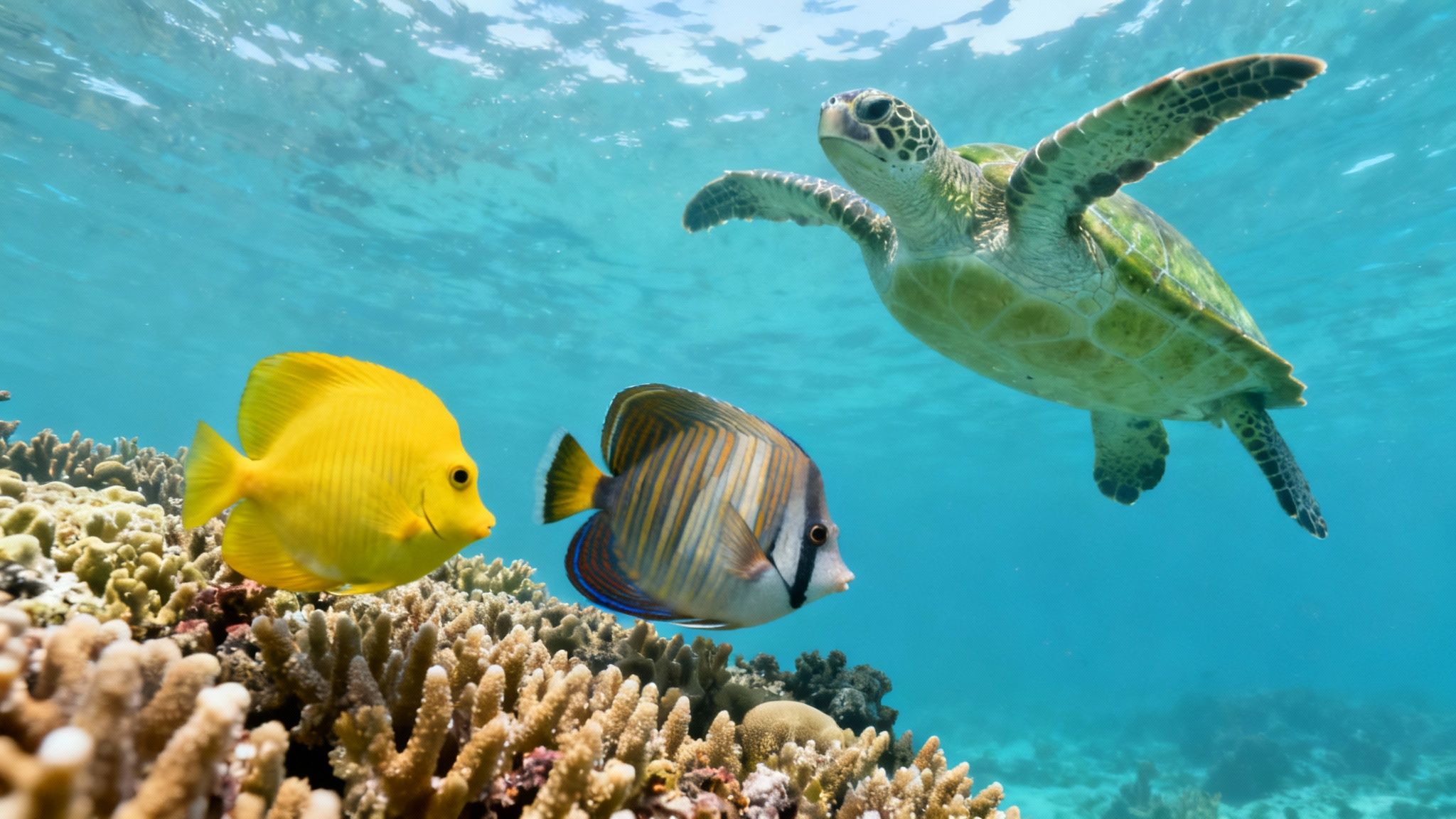 Underwater scene with a green sea turtle swimming above a vibrant coral reef, accompanied by a yellow fish and a striped fish.