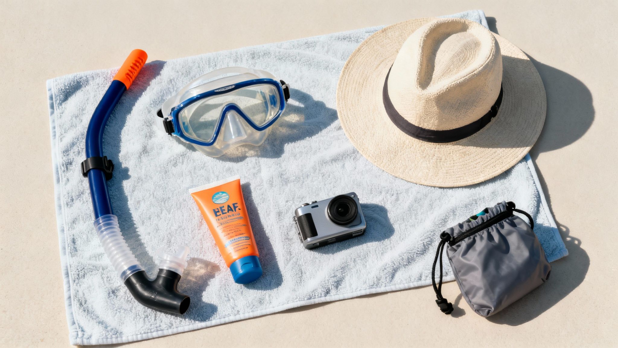 Flat lay of snorkeling gear with mask, snorkel, sunscreen, camera, hat and towel for beach vacation