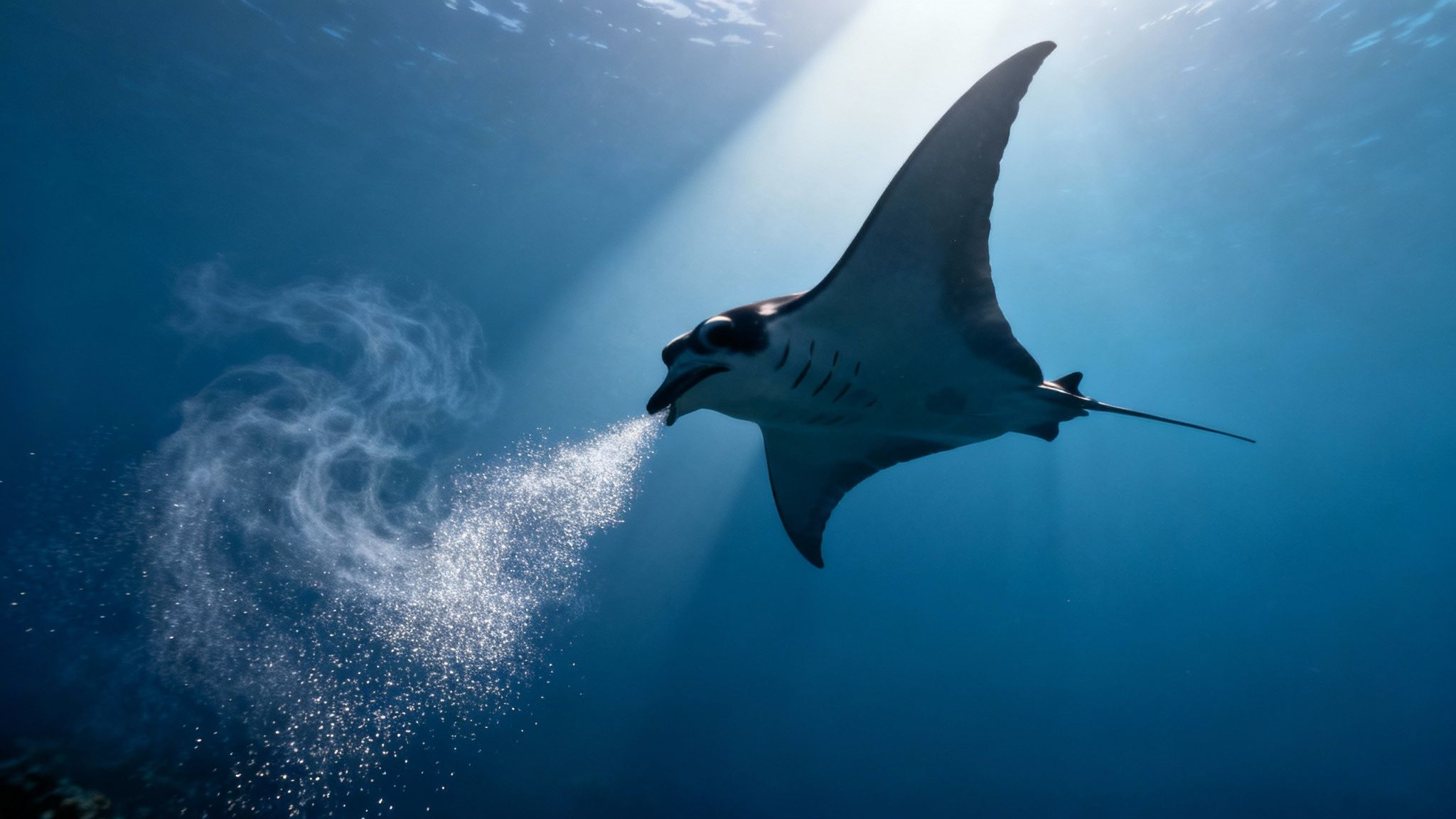 A manta ray gracefully swims near the ocean floor in Kona, its mouth open to filter plankton from the water.