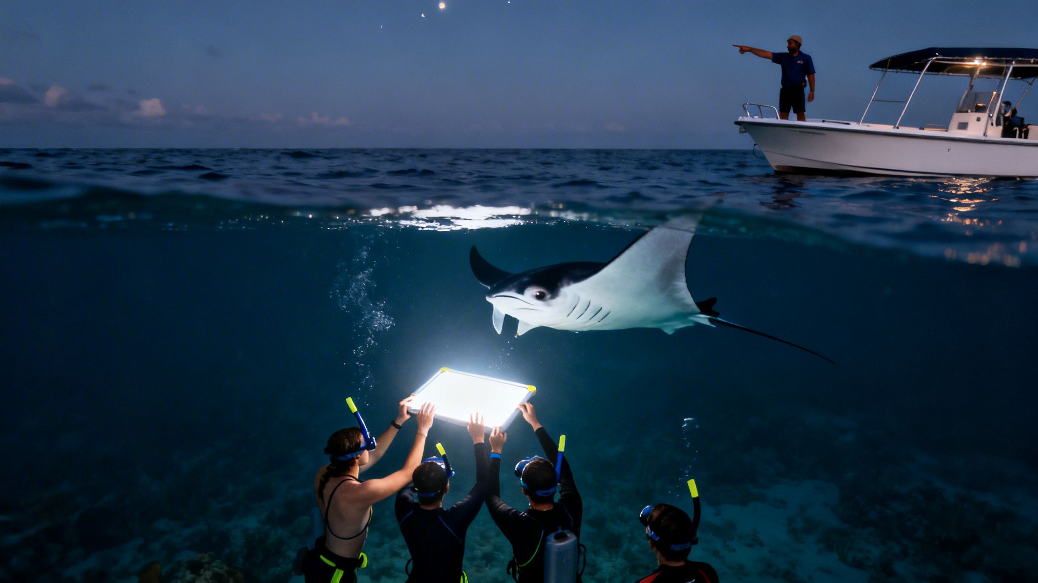 Night split-level shot of snorkelers illuminating a manta ray, with a boat and person above water.