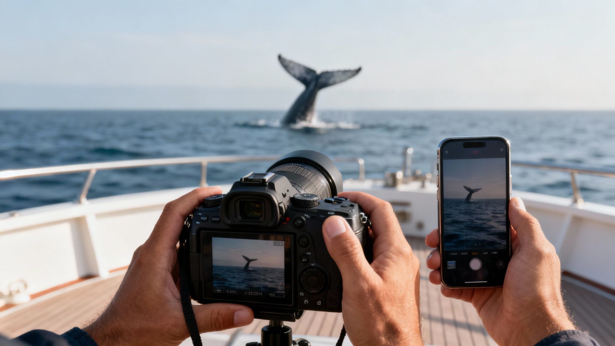 Hands hold a camera and smartphone, capturing a whale's tail breaching the ocean from a boat.