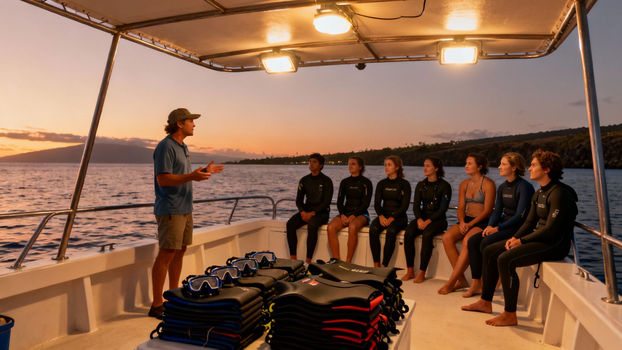 An instructor briefs a group of divers on a boat at sunset, surrounded by dive gear.