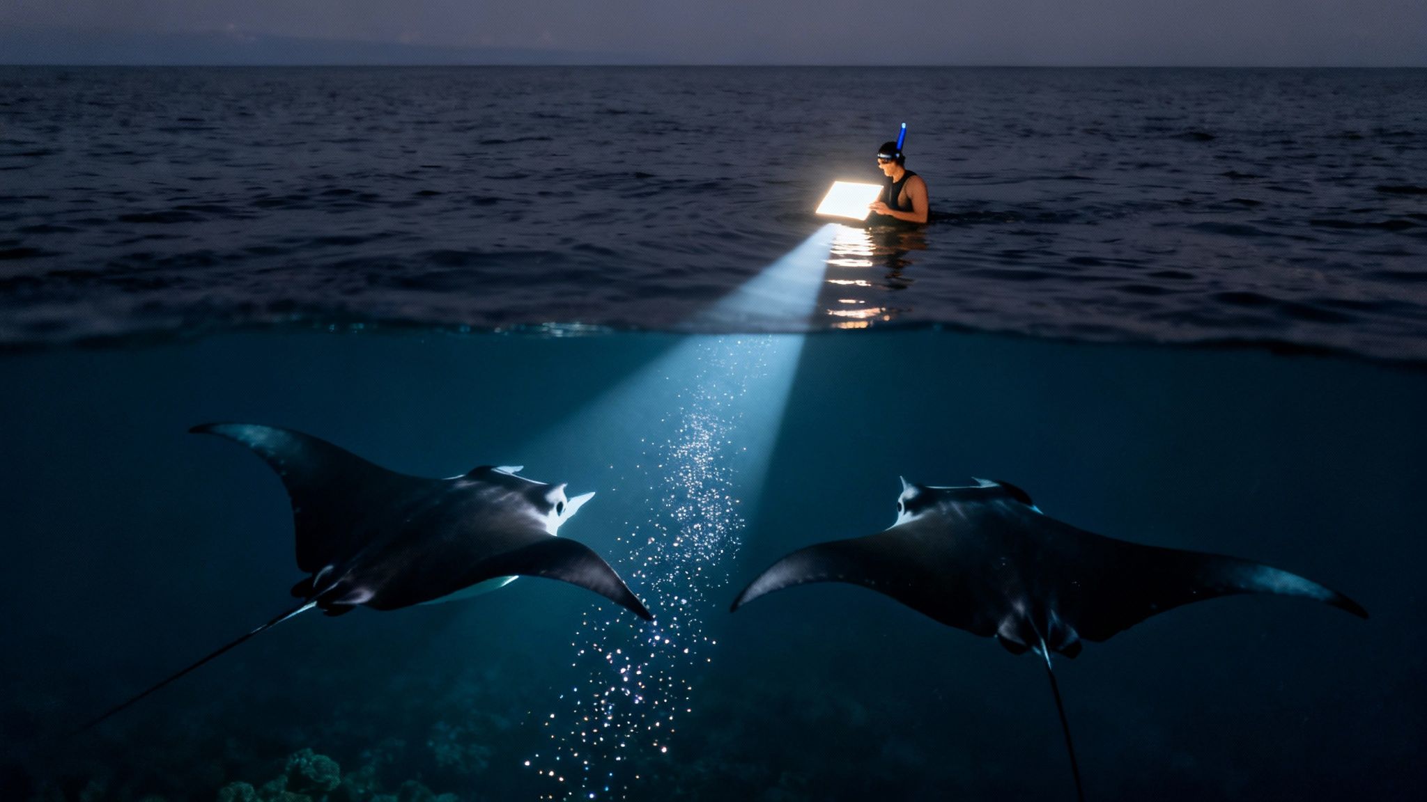 A person with a light panel snorkeling at night, attracting two manta rays below the ocean surface.