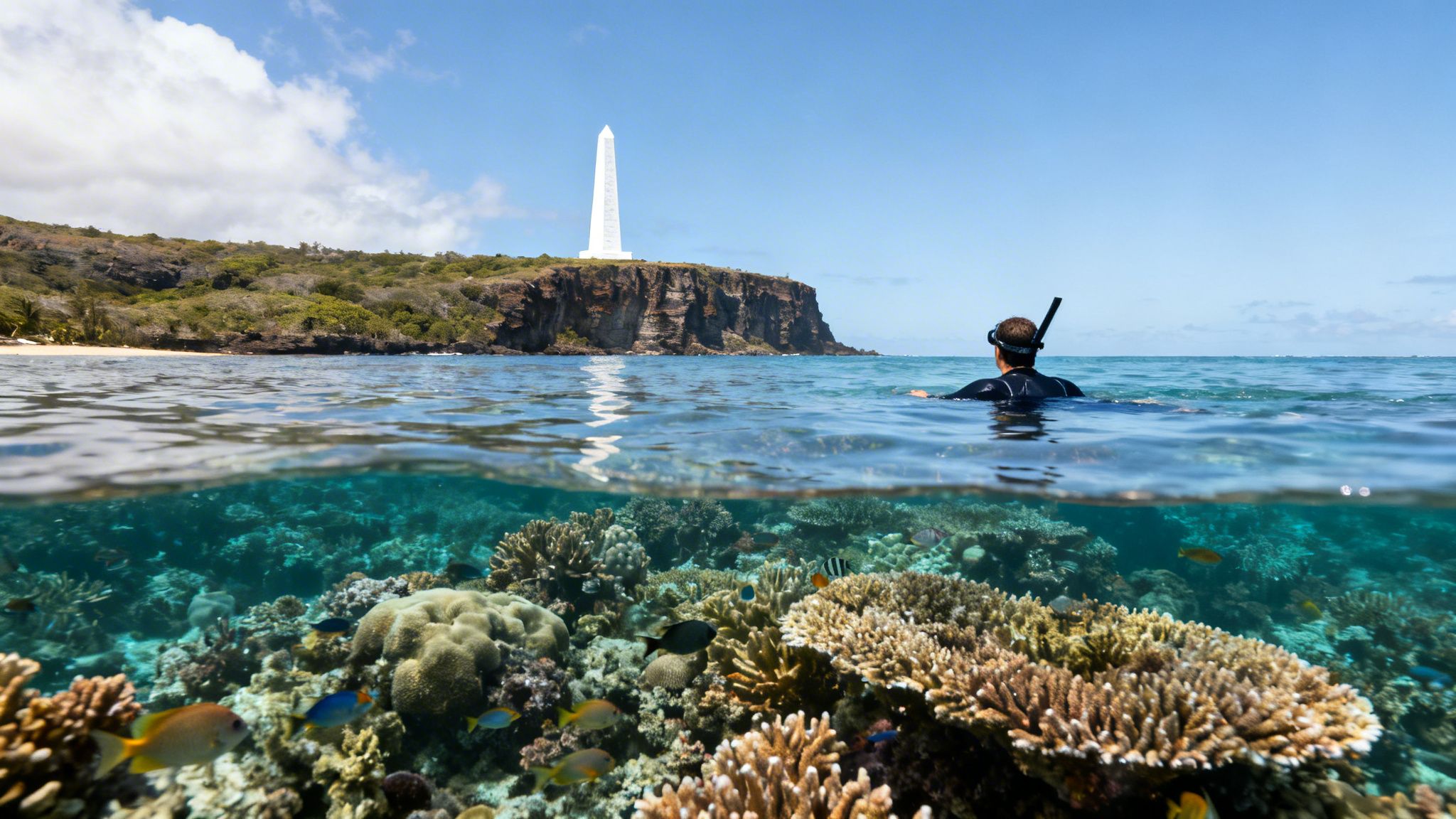 Split view of a snorkeler near Captain Cook monument with coral reef and fish underwater.