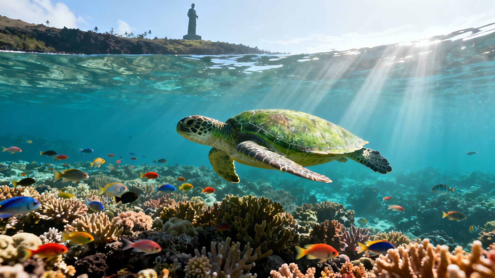 Green sea turtle swims over a vibrant coral reef with fish; island and statue above water.