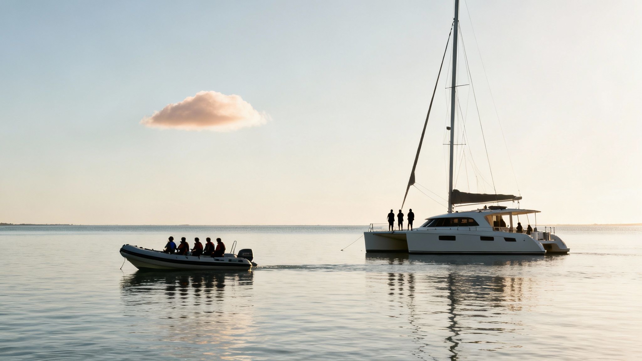 A catamaran and dinghy with silhouetted people on calm water during a beautiful sunset.
