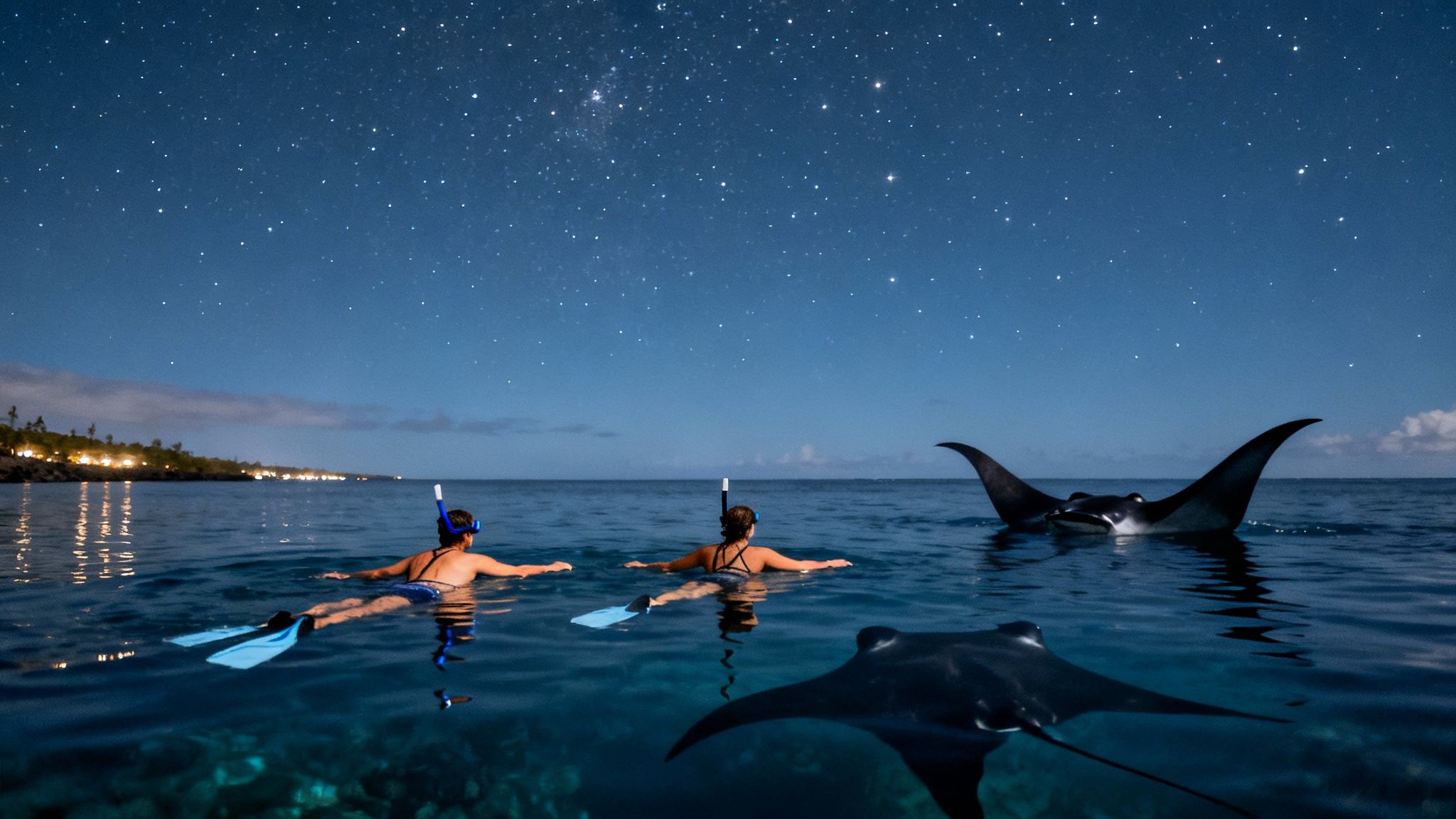 Graceful manta ray gliding through the water at night in Kona, Hawaii.