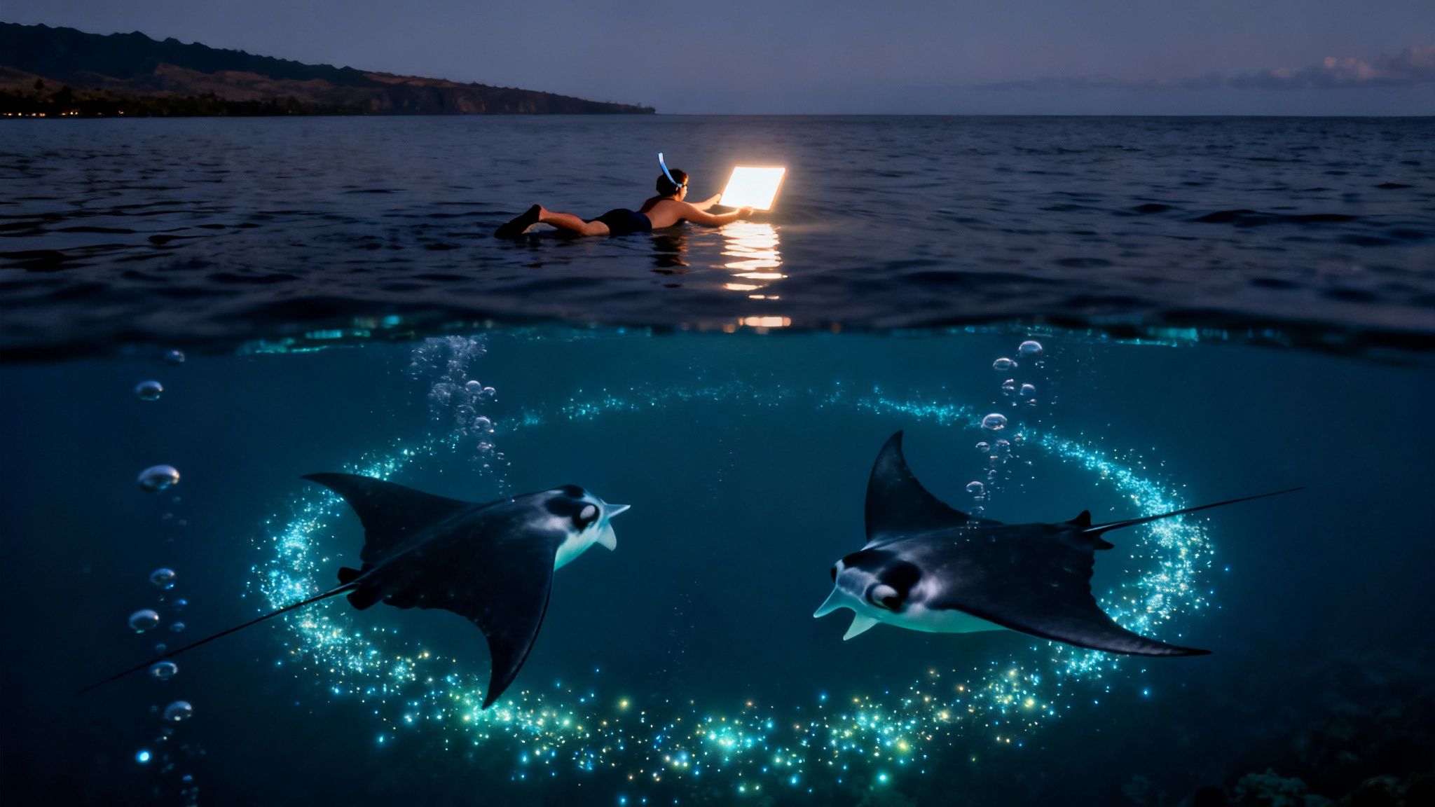 A snorkeler holds a light above water, illuminating two manta rays below in a magical glow.