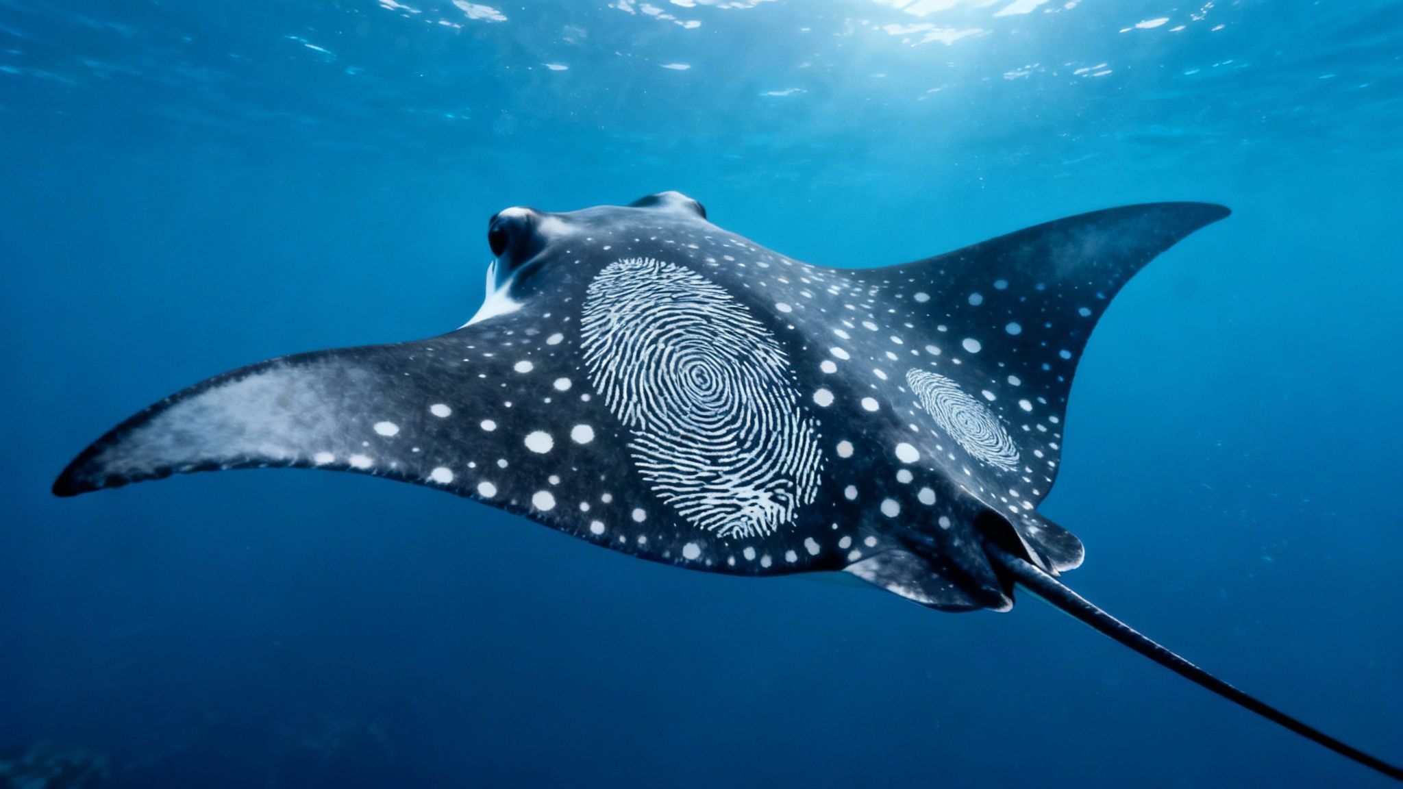 Spotted eagle ray with distinctive white dot patterns swimming underwater in clear blue ocean
