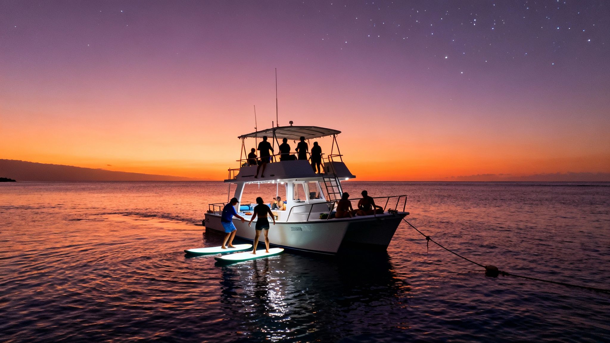Night snorkelers enjoying illuminated paddleboards near a boat at sunset with stars.
