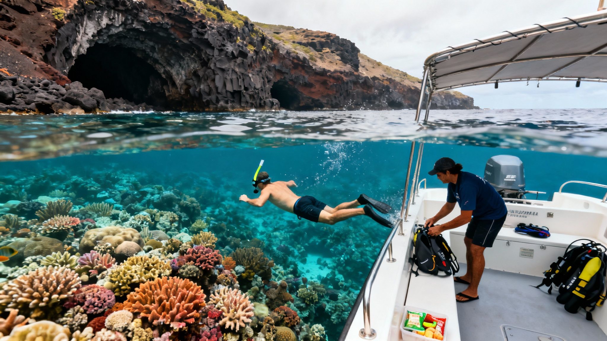 Split-level view showing a snorkeler, colorful coral reef, and a boat near a rocky island.