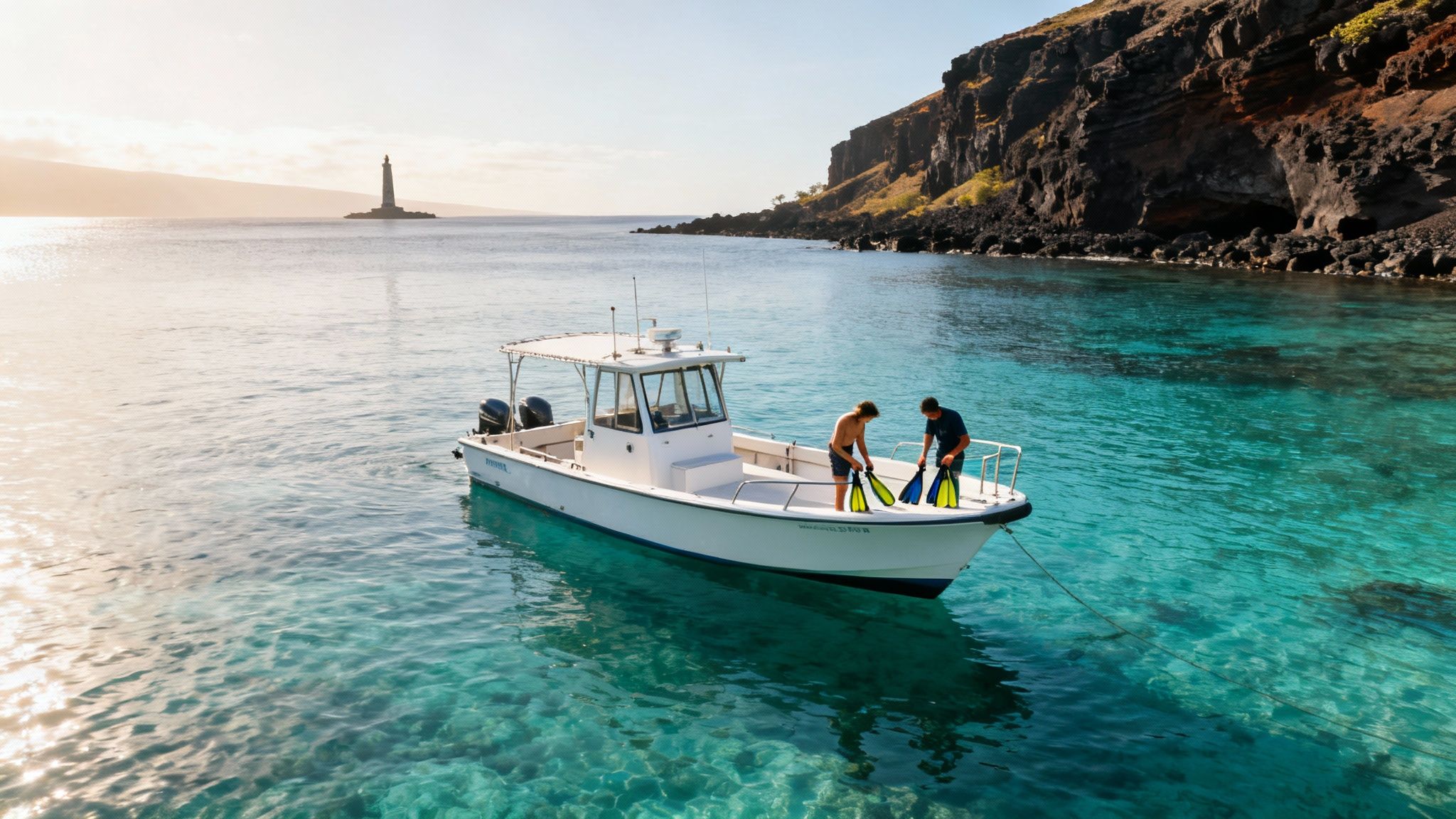 Two men preparing to snorkel from a boat in crystal-clear blue water with a scenic coastline.