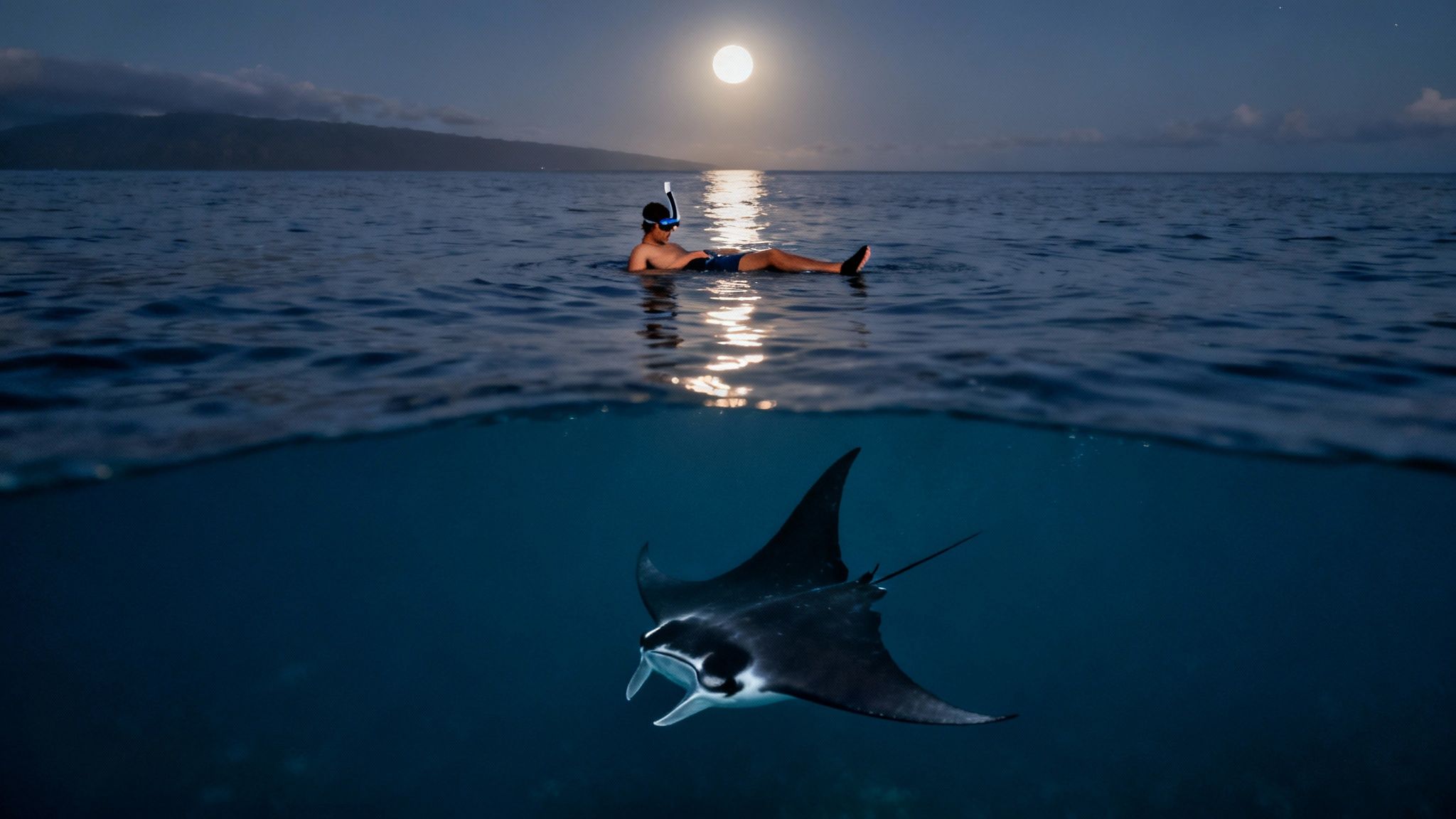 Split image: above water, a person snorkels under a full moon; below, a manta ray swims.