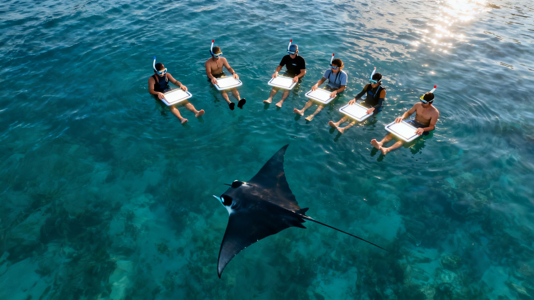 Group of snorkelers in clear blue water observing a majestic manta ray with viewing boards.