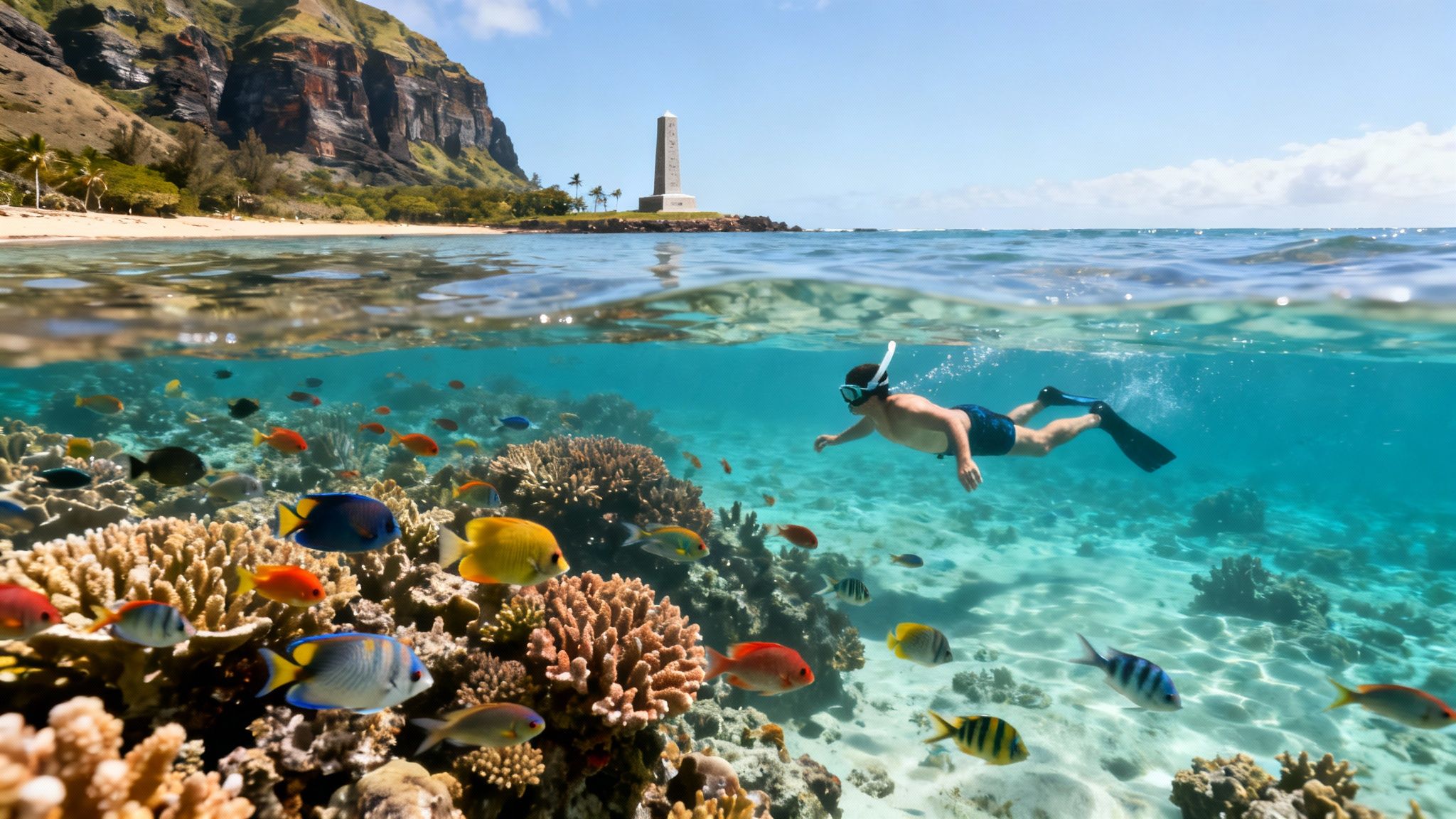 A man snorkels over a vibrant coral reef with colorful fish, a beach, mountain, and monument visible above water.