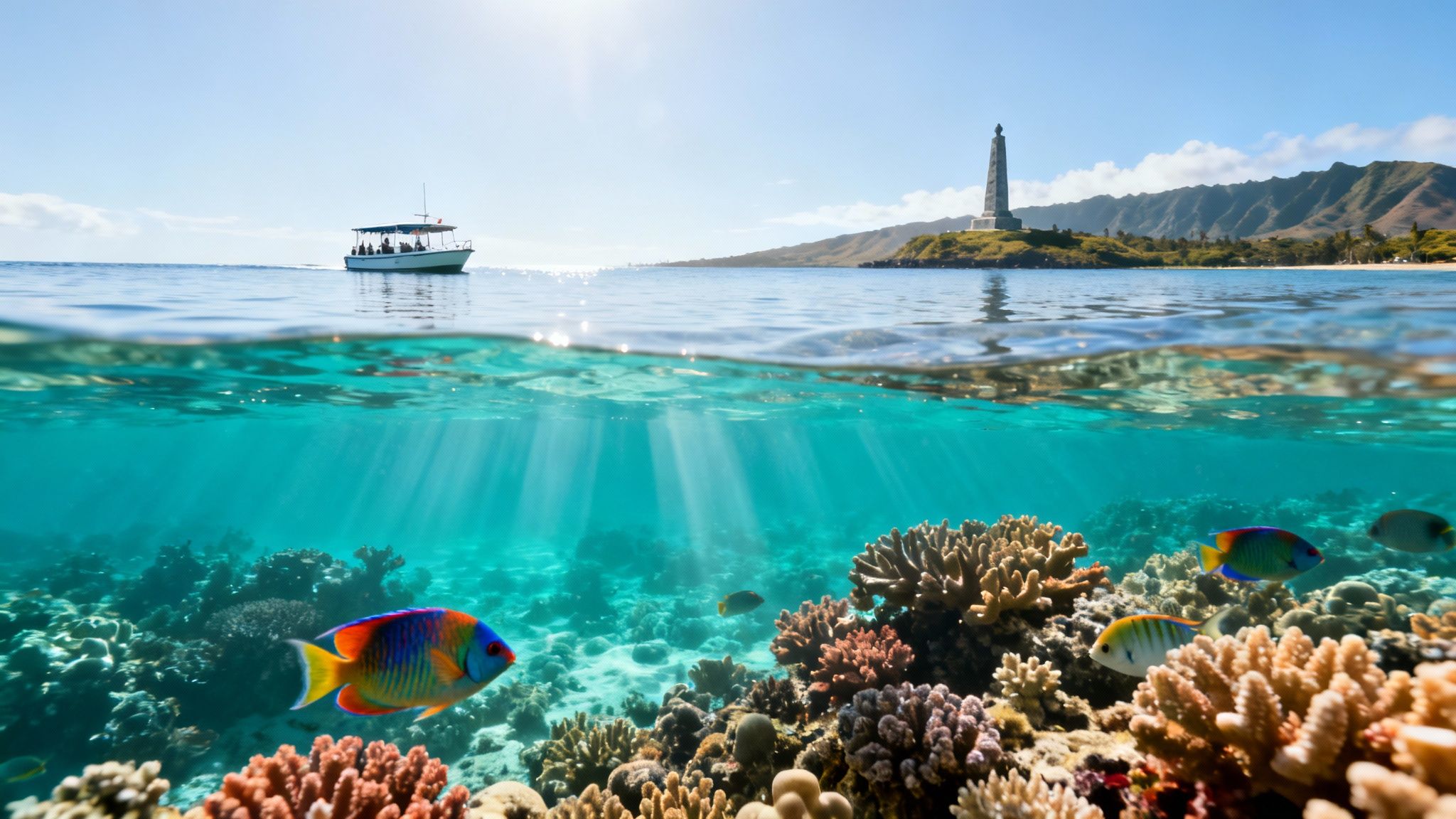 A split-level view of a tropical ocean with a boat, distant land, and a vibrant underwater coral reef with colorful fish.