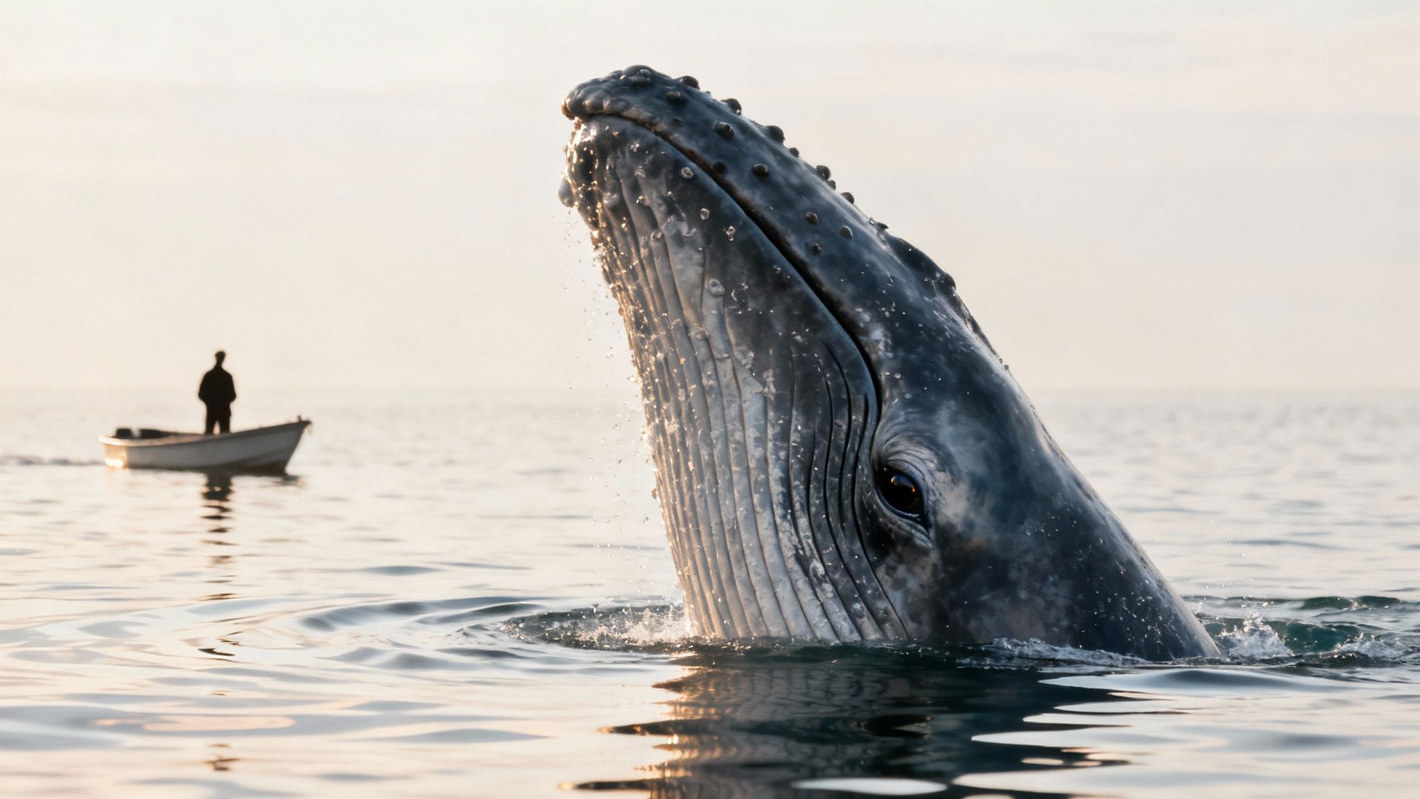 Humpback whale breaching near small fishing boat during golden hour whale watching encounter