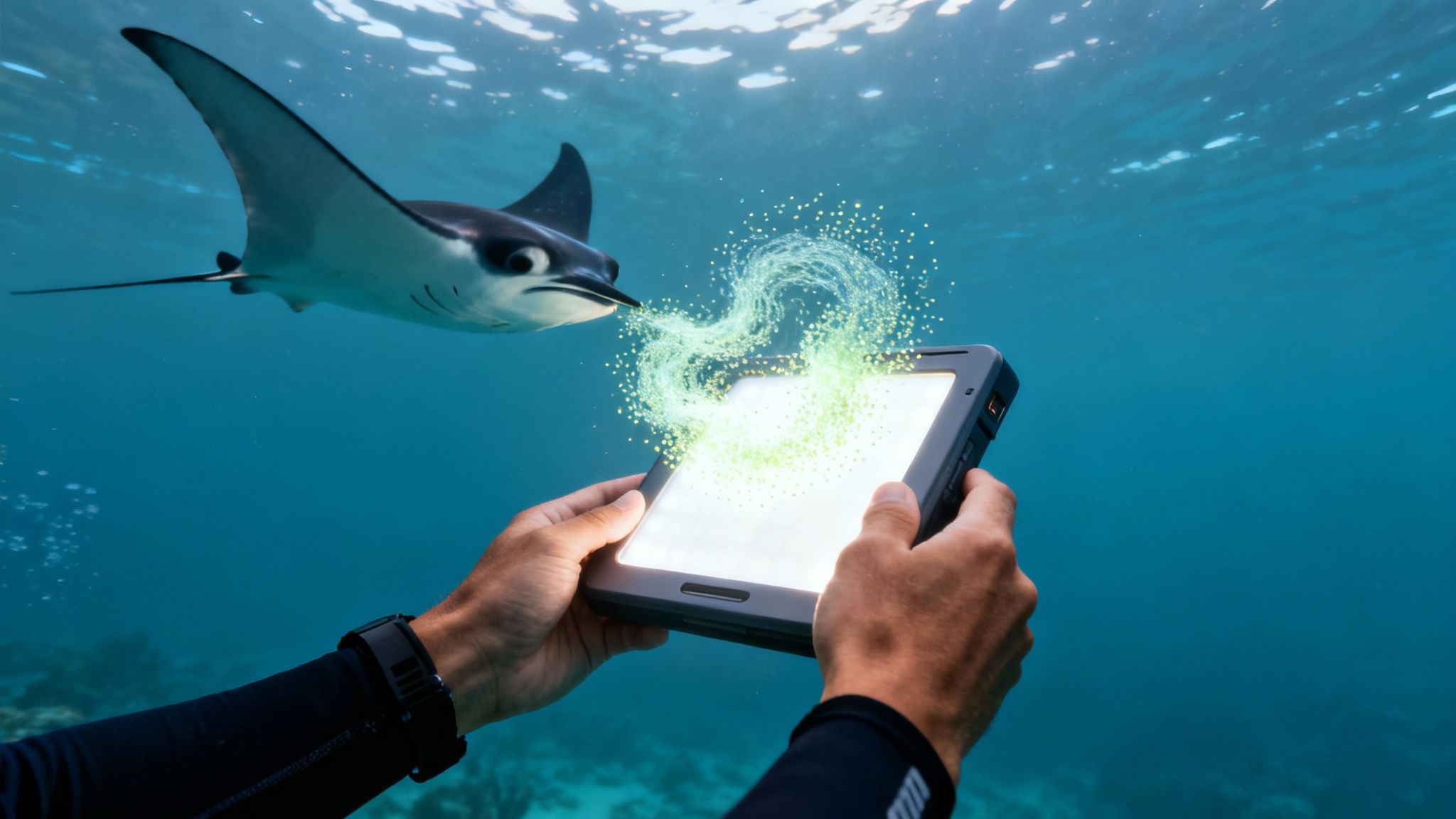 An underwater view of hands holding a glowing tablet, interacting with a manta ray using light.