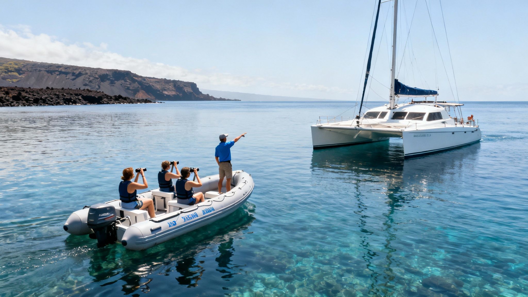 People on a small boat with binoculars observing a volcanic coast near a catamaran.