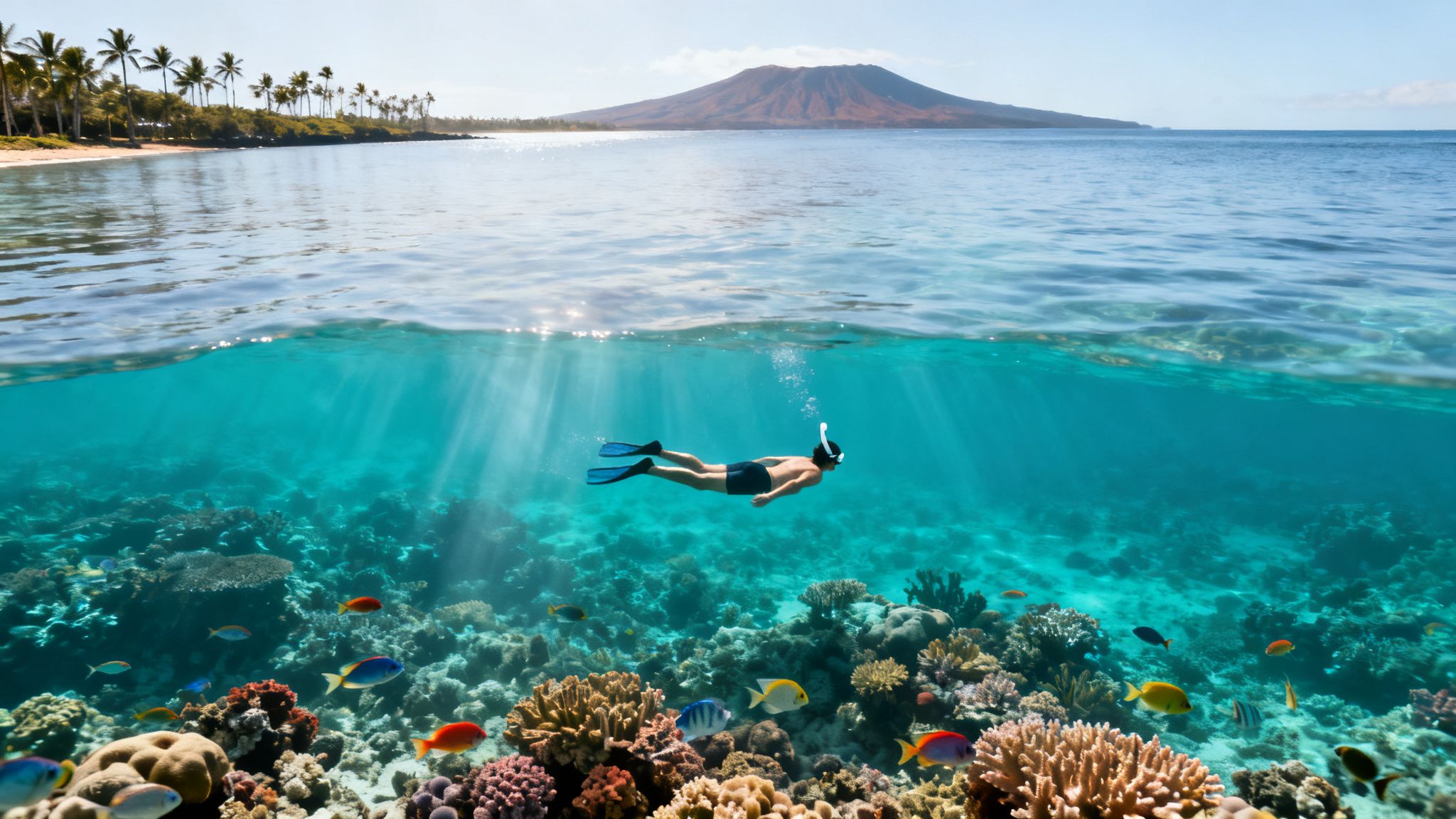 A person snorkeling over a vibrant coral reef filled with colorful fish, with a tropical island and ocean above the surface.
