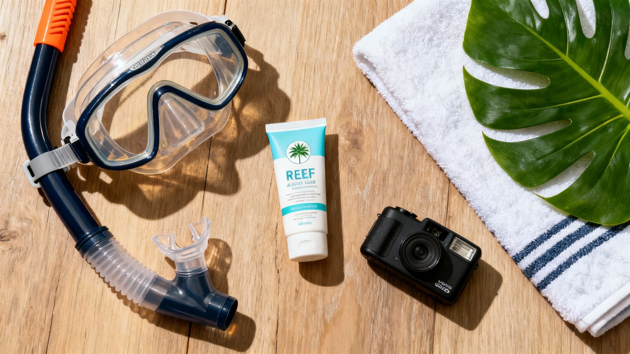 A person's feet with snorkel fins on, ready to jump into the clear blue water.