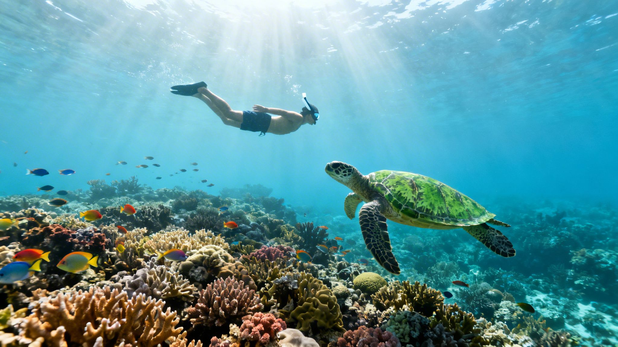 A snorkeler swims near a vibrant coral reef, observing a green sea turtle and colorful fish.