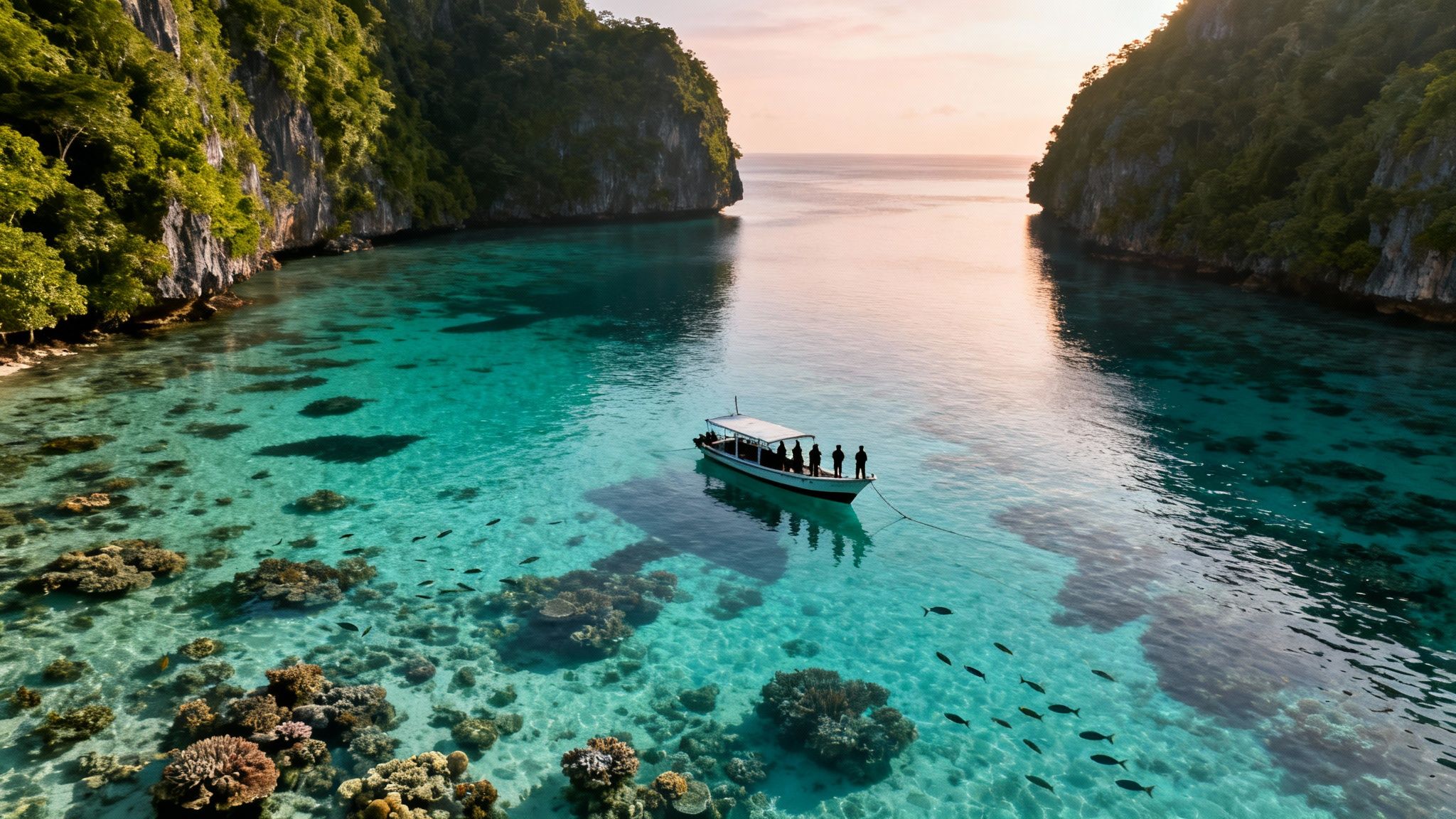 Aerial view of a boat in a stunning clear turquoise tropical bay with coral reefs.