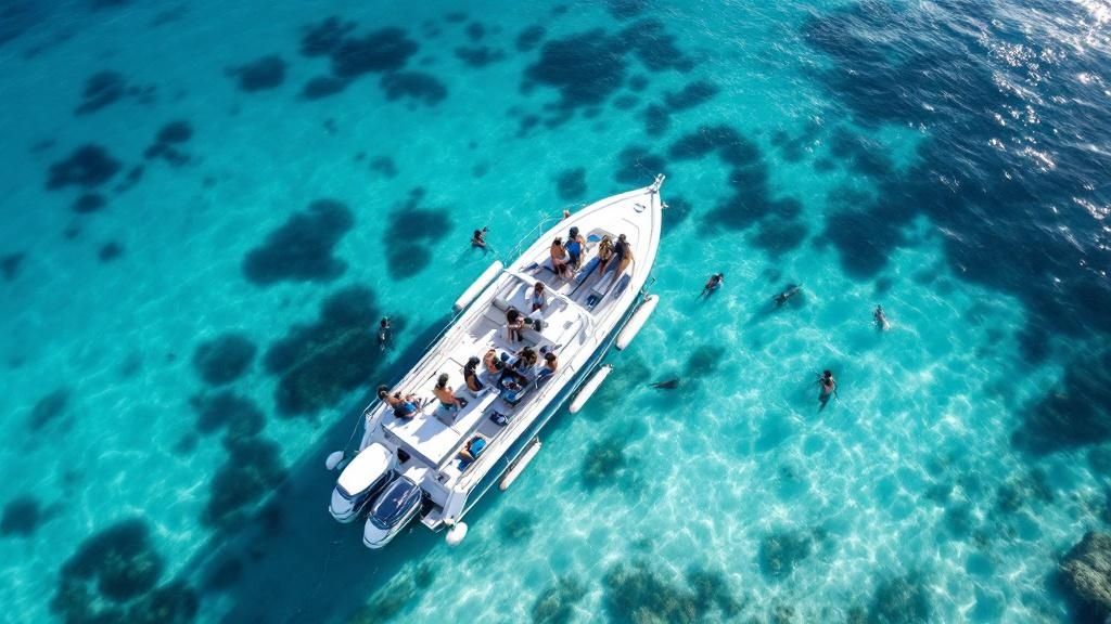 Snorkelers exploring a vibrant coral reef with fish