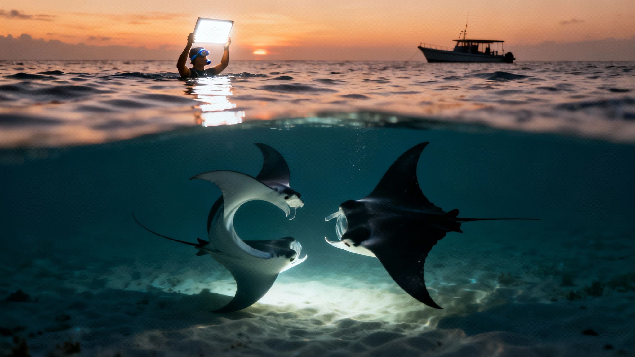 Split shot of a diver holding a light at sunset above two manta rays feeding underwater.