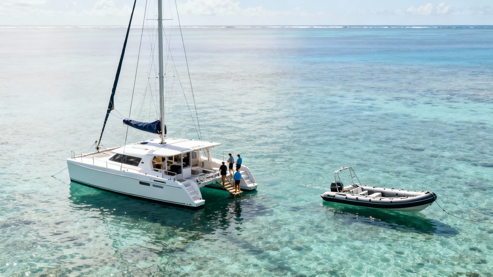 A white catamaran and inflatable boat in clear tropical waters with people ready to swim.