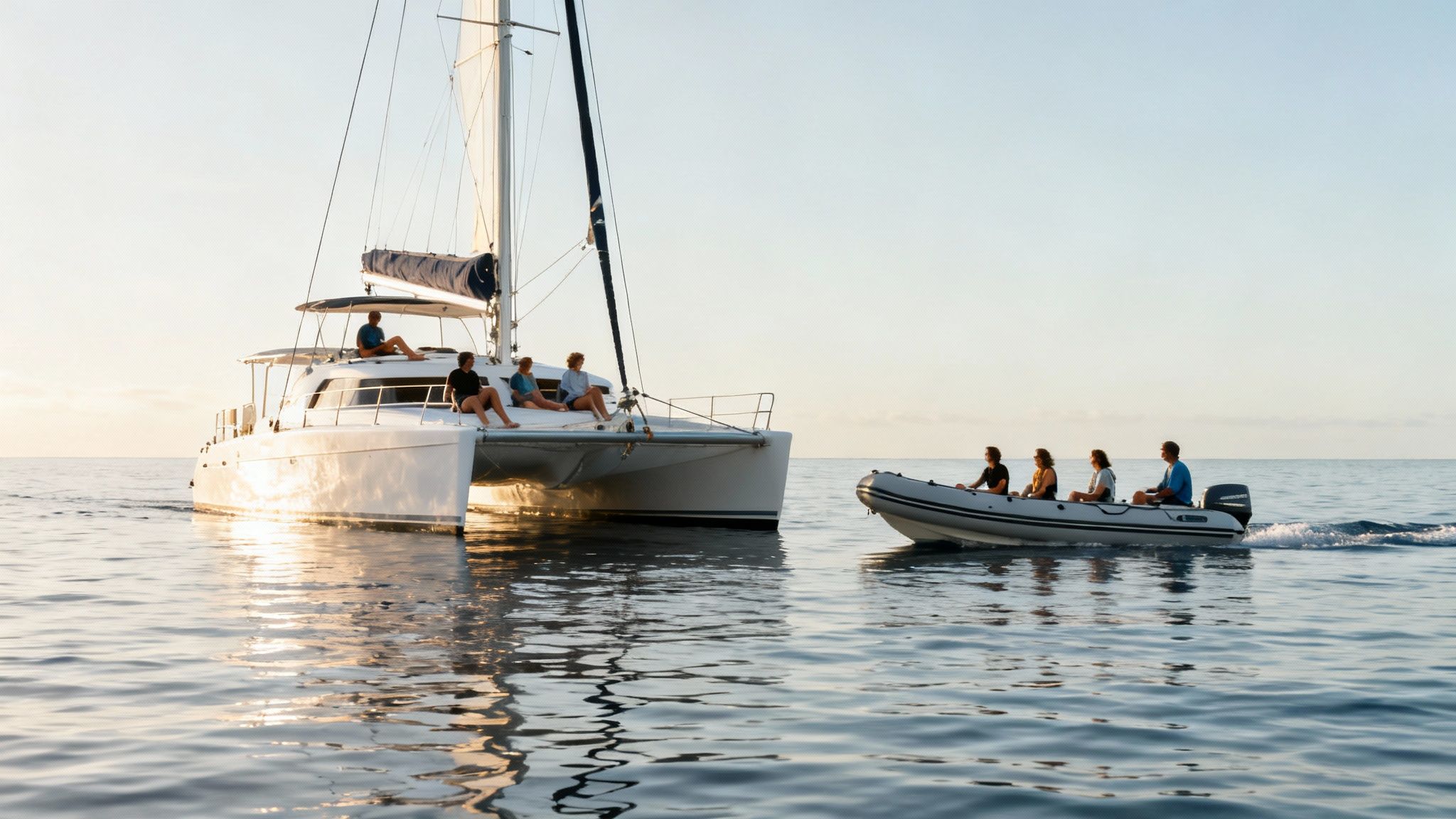 People relaxing on a large white catamaran and a small dinghy cruising on calm ocean water at sunset.