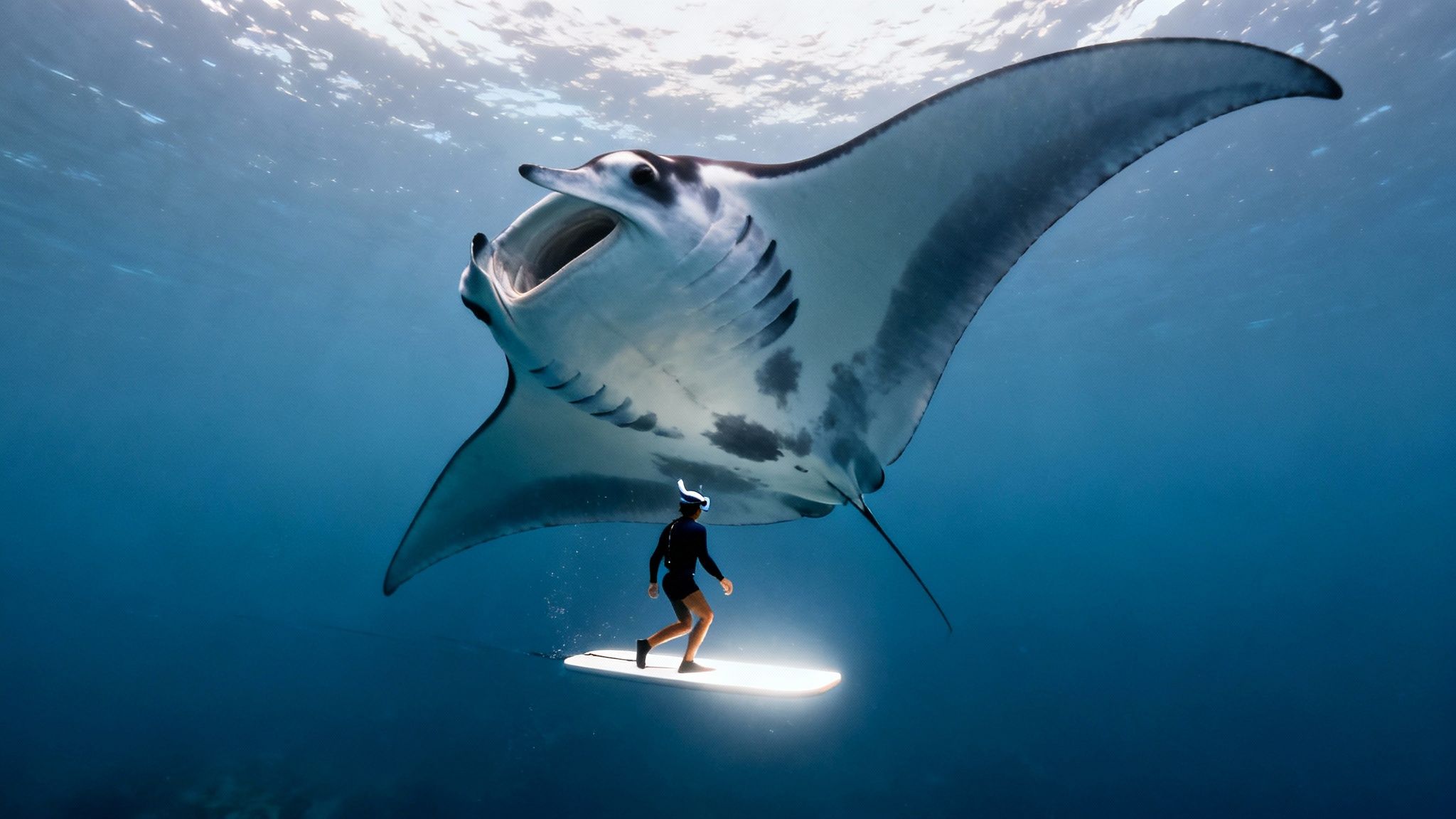 A person on a glowing surfboard swims under a majestic manta ray in clear blue ocean.