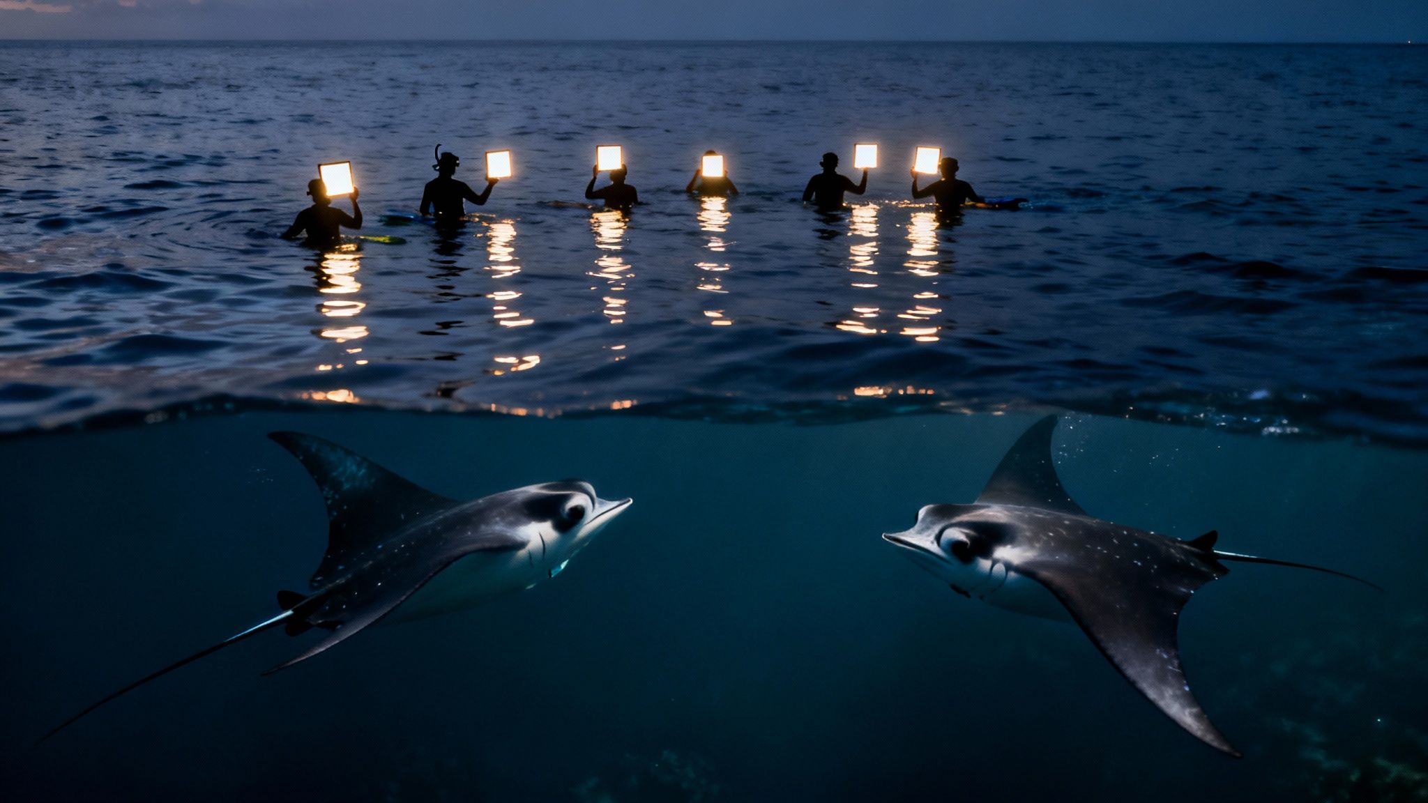 Night split view of people with lights attracting two swimming manta rays underwater.