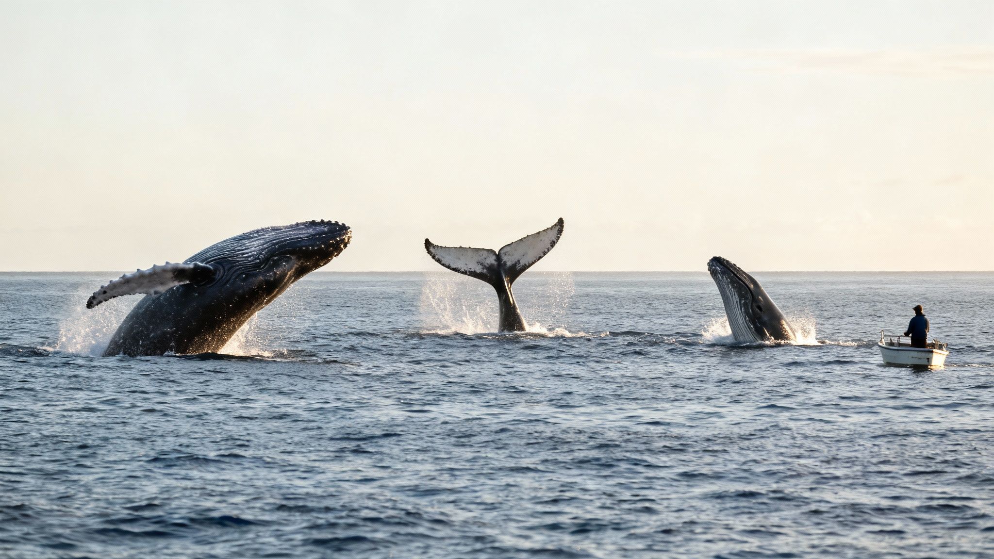 Three humpback whales breaching and tail slapping next to a small boat on the ocean.