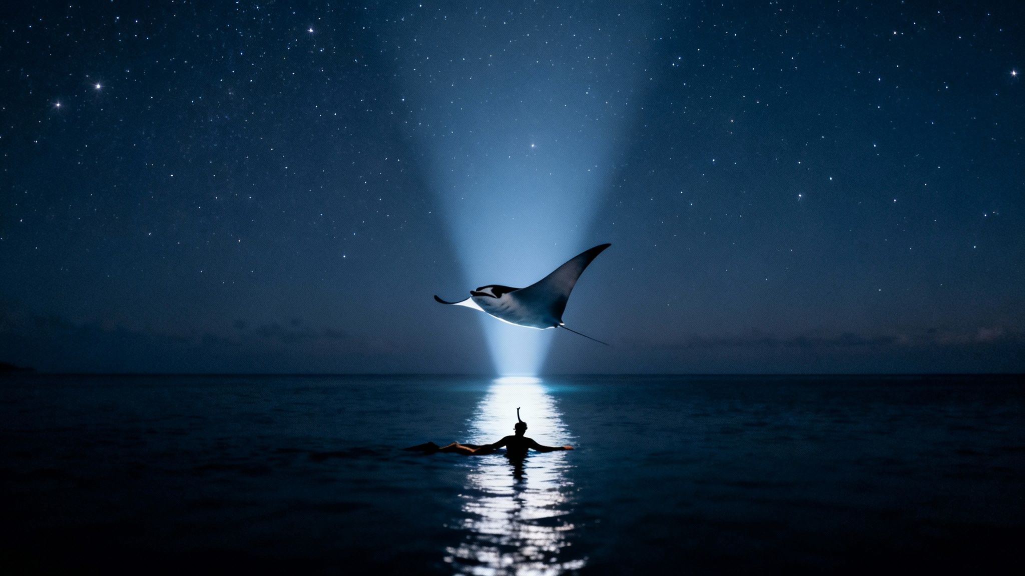 A person snorkels at night under a starry sky, watching a manta ray illuminated by a light beam.